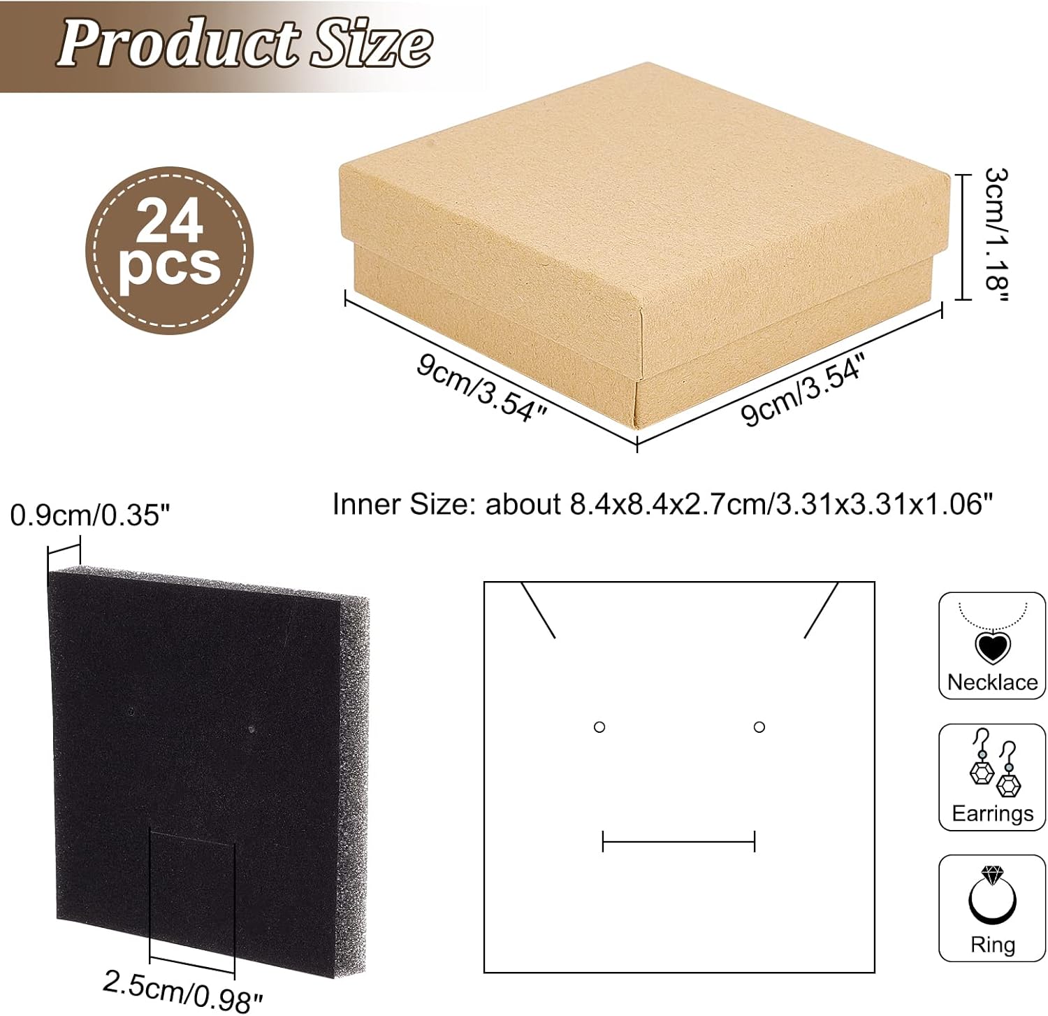 NBEADS 24 Pcs Cardboard Jewelry Boxes, 3.54×3.54x1.18 Square Cardboard Box Paper Kraft Paper Gift Packaging Box for Christmas Festival Present Storage, Burlywood