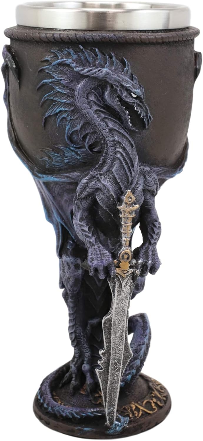 Ebros Ruth Thompson Dragon's Lair Collection Winged Dragon With Divine Sword 8oz Wine Goblet Chalice Cup Figurine Resin With Stainless Steel Liner Medieval Dungeons Dragons Alchemy (Stone Blade Drake)