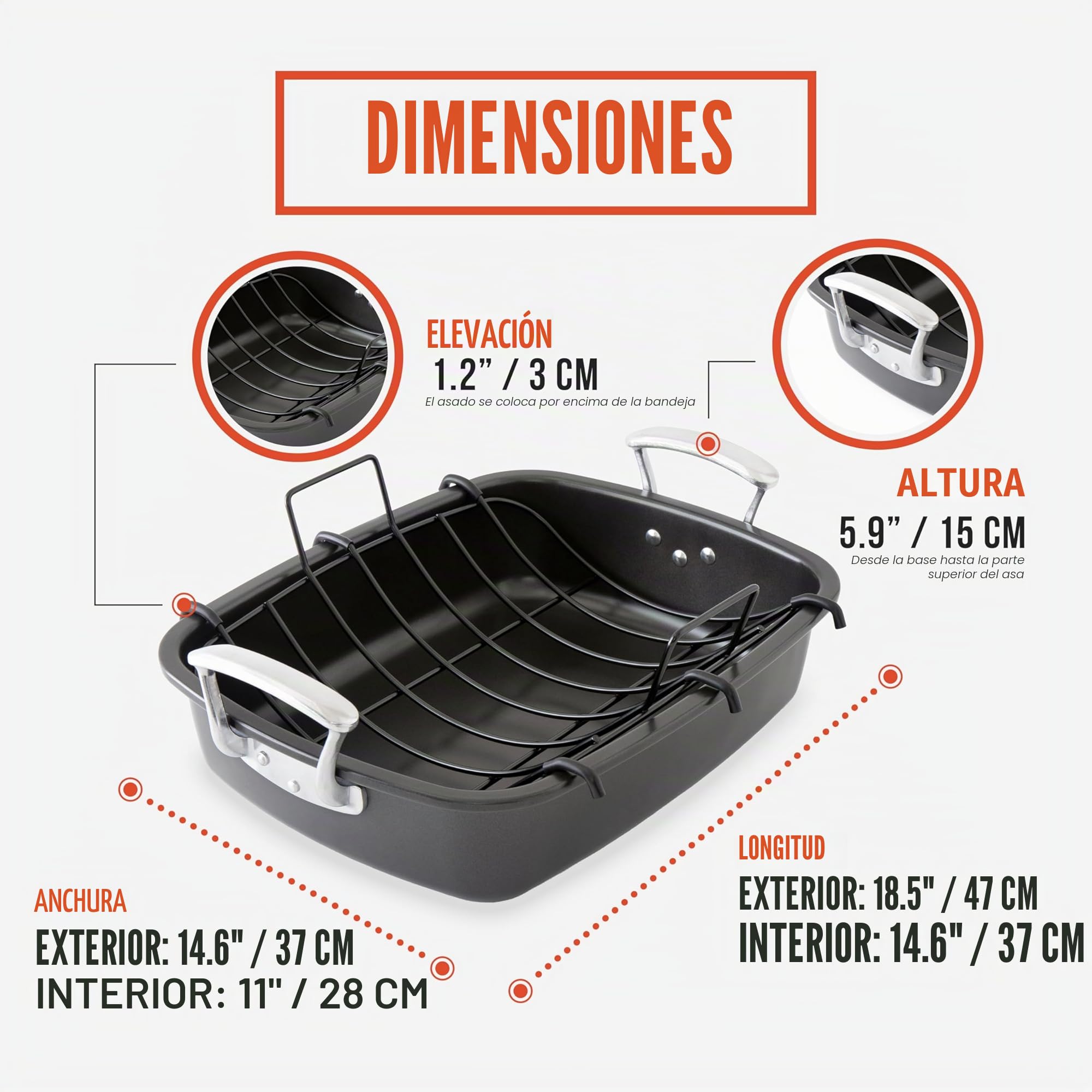 Chef Pomodoro Bandeja Deluxe para Asar, 47x37 cm, Extra Grande | Acero al Carbono con Rejilla en U, Ideal para BBQ