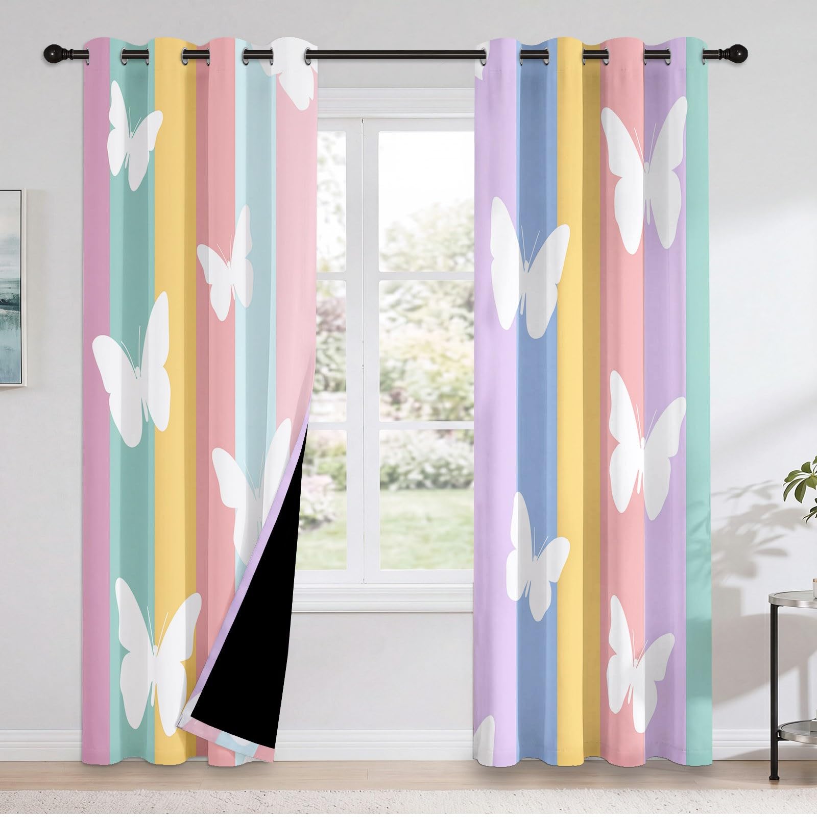 Onirique Géométrique Rideaux Occultant 85L x 200H cm Lot de 2 Rideau Occultant Thermiques Imprimé Aquarelle Papillon Rayures, Rideau Oeillets Opaque Draperie Decoration pour Salon et Chambre