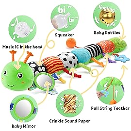 LIGHTDESIRE Baby Toys Musical Caterpillar,Infant Toys Stuffed Animals with Ruler Design,Mirror,Pull String&Ring Bell,Baby Teething Toy for Tummy Time Toy Newborn Boy Girl 3 6 12 Months(Grass Green)