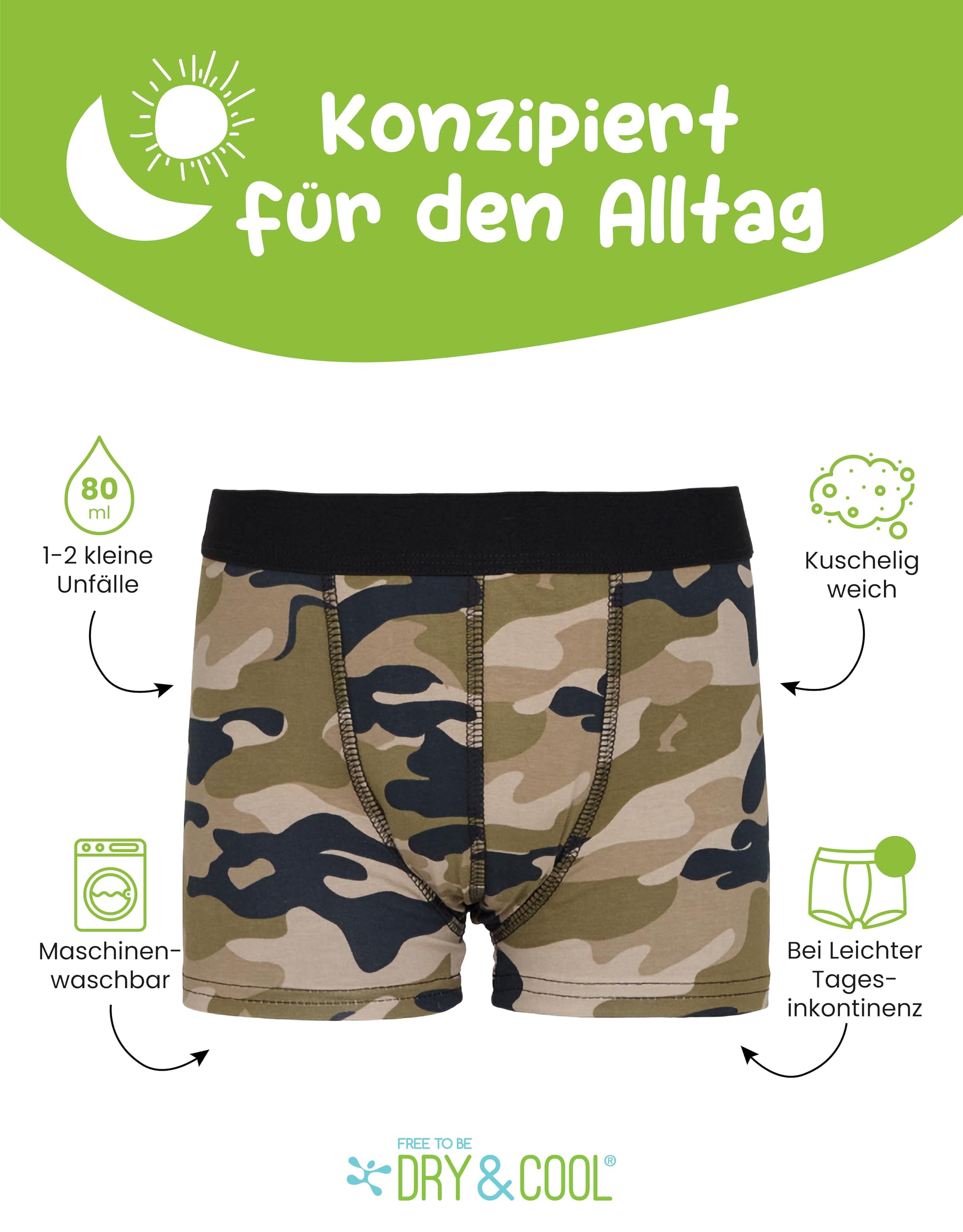 DRY & COOL Jungen Inkontinenz-Slip Army (80 ml) | Wiederverwendbare & Waschbare Unterwäsche | Für leichte Tagesunfälle | Kein Windelersatz |