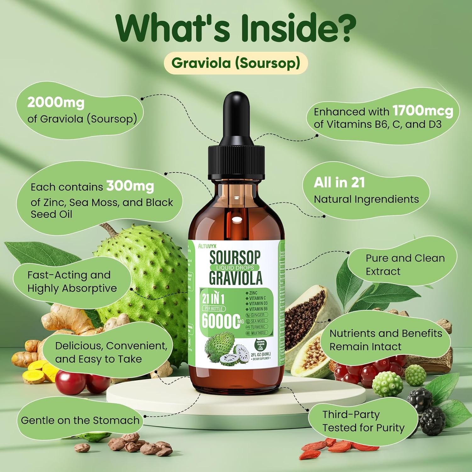 21-in-1 Soursop Graviola Liquid Drop, Soursop Bitters Liquid 2000mg Organic Soursop Leaves & Fruit with 300mg Sea Moss, Zinc, Vitamins for Cellular, Immune, Skin, Digestive, Natural Flavor, 60ML - Image 4