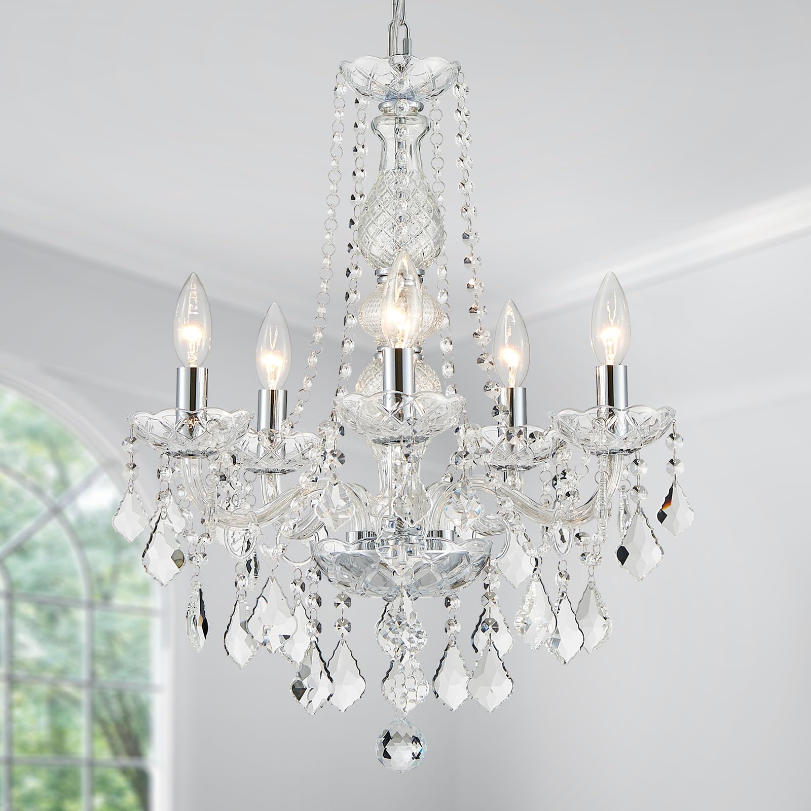 WUZUPS Crystal 5-Light Candle Chandelier Colgante Flushmount Luz de techo Instalación de iluminación moderna para dormitorio Pasillo Bar Cocina Baño, H 63.5cm x W 50.8cm, Chrome, Base E14