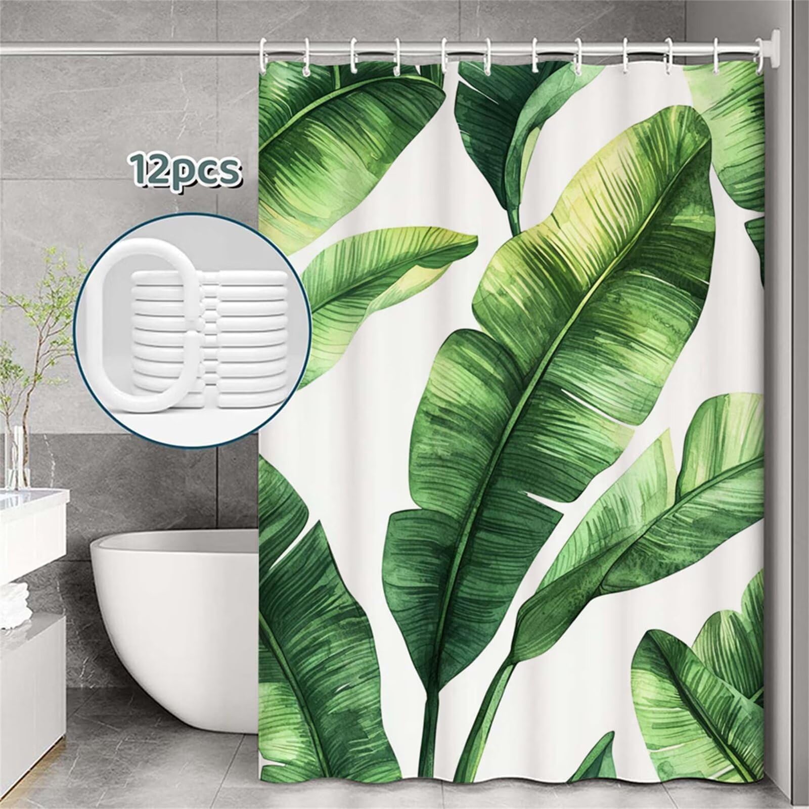 Tenda Doccia in Poliestere verde,Tende per Doccia Extra Lunga 180x240cm,pianta Tenda Vasca da Bagno Tessuto Lavabile,Impermeabile e Facile da Pulire,con 12 Ganci,Decorazione per Bagno,Hotel Z-432