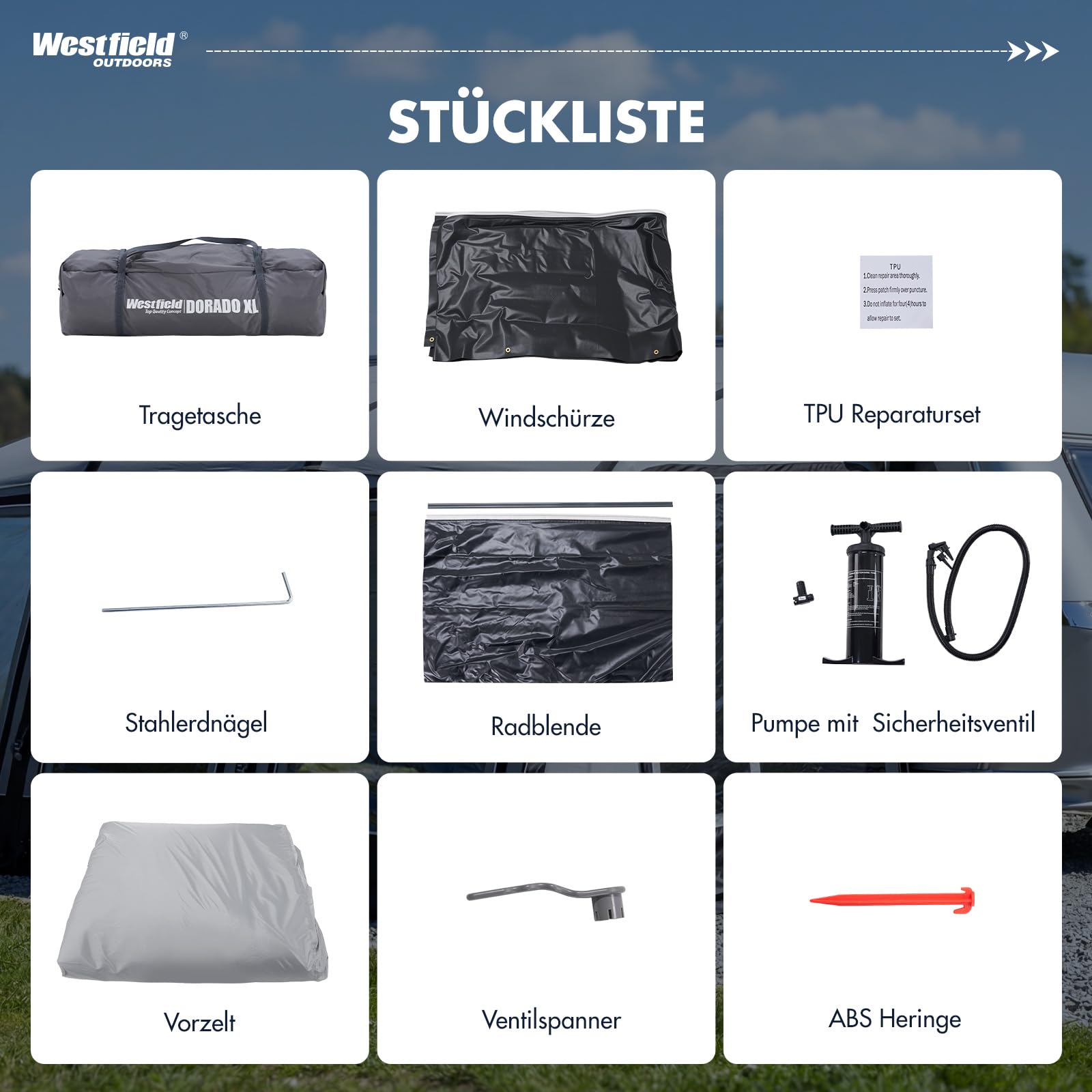 Westfield Outdoors Dorado XL 375 x 250 cm aufblasbares Vorzelt, Wohnwagenvorzelt, Wasserdicht 3000 mm, UV-beständig, Panoramafenster & Moskitoschutz, inklusive Pumpe & Tragetasche