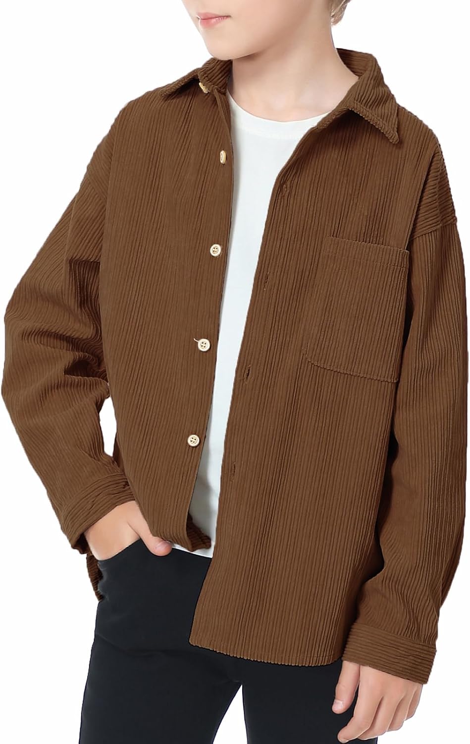LOLANTA Boys Corduroy Shirts Kids Western Botton Down Shacket with Pocket Fall Long Sleeve Solid Lapel Tops