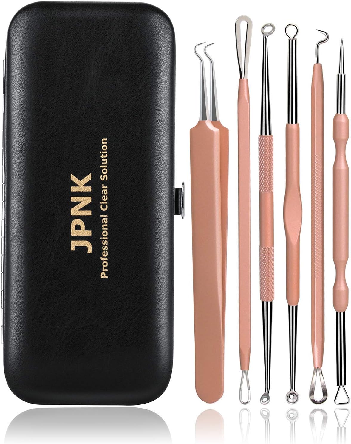 JPNK NEW Pink Blackhead Remover Tools Comedone Extractor Acne Removal Kit for Blemish, Whitehead Popping, Zit Removing for Nose Face with Leather Bag