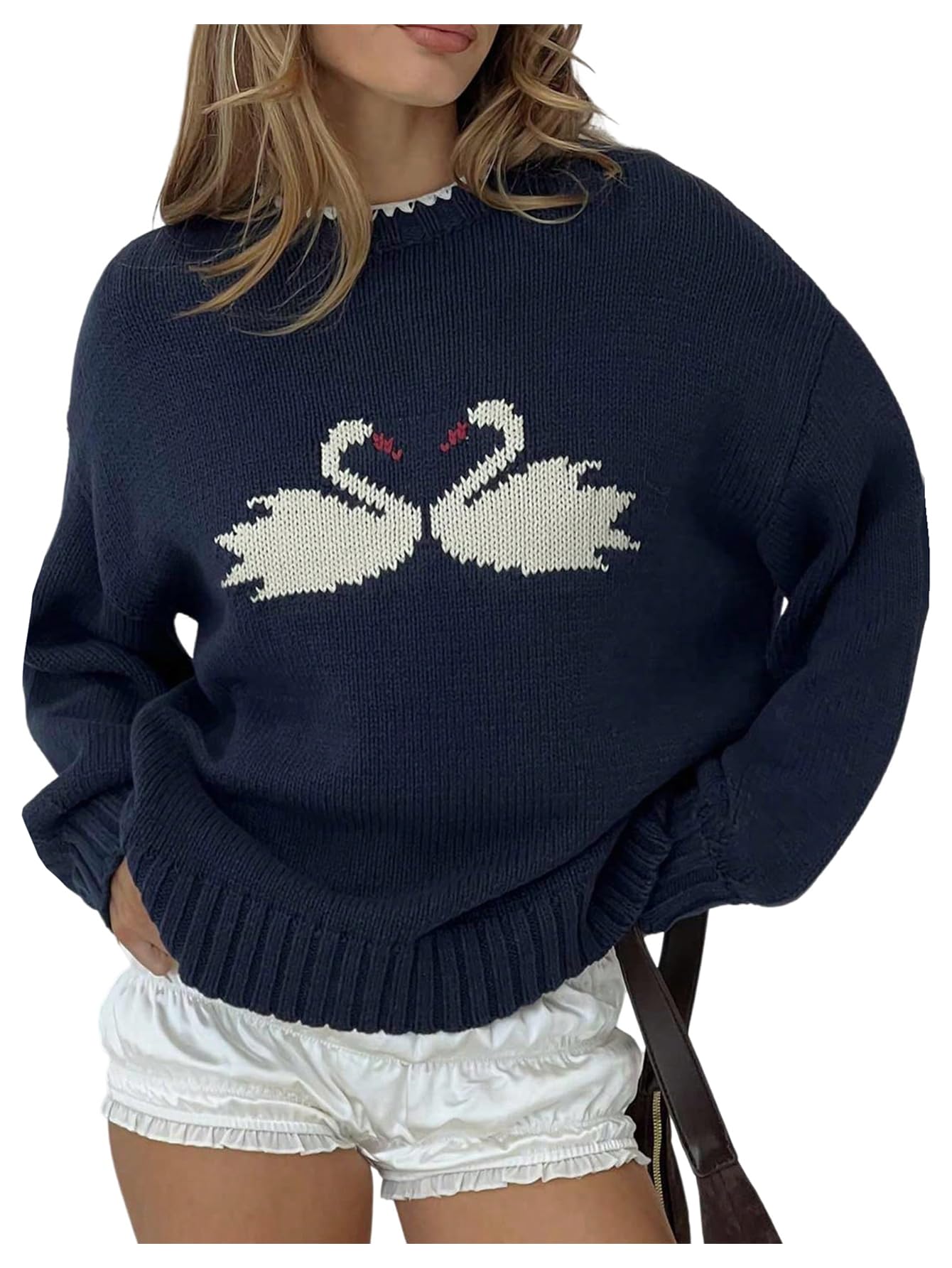 Womens Goose Sweater Fall Knitted Lightweight Sweater Crew Neck Long Sleeve Jumper Tops