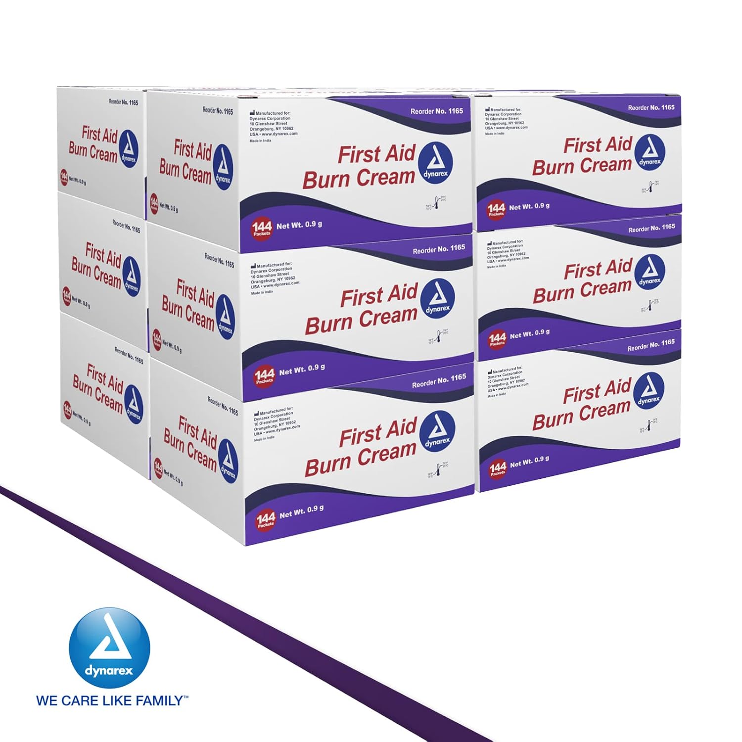 Dynarex First Aid Burn Cream - Burn Ointment for Minor Cuts, Wounds, Burns, Water-Based Formula with Benzalkonium Chloride, 0.9g Packets, 12 Boxes of 144, 1728 Packets Total