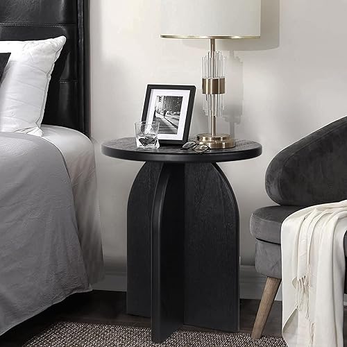 Miniatura 6 de Oakrain Mesa auxiliar con pedestal, mesa auxiliar de madera, mesita de noche moderna para dormitorio, mesa auxiliar redonda pequeña para sala de