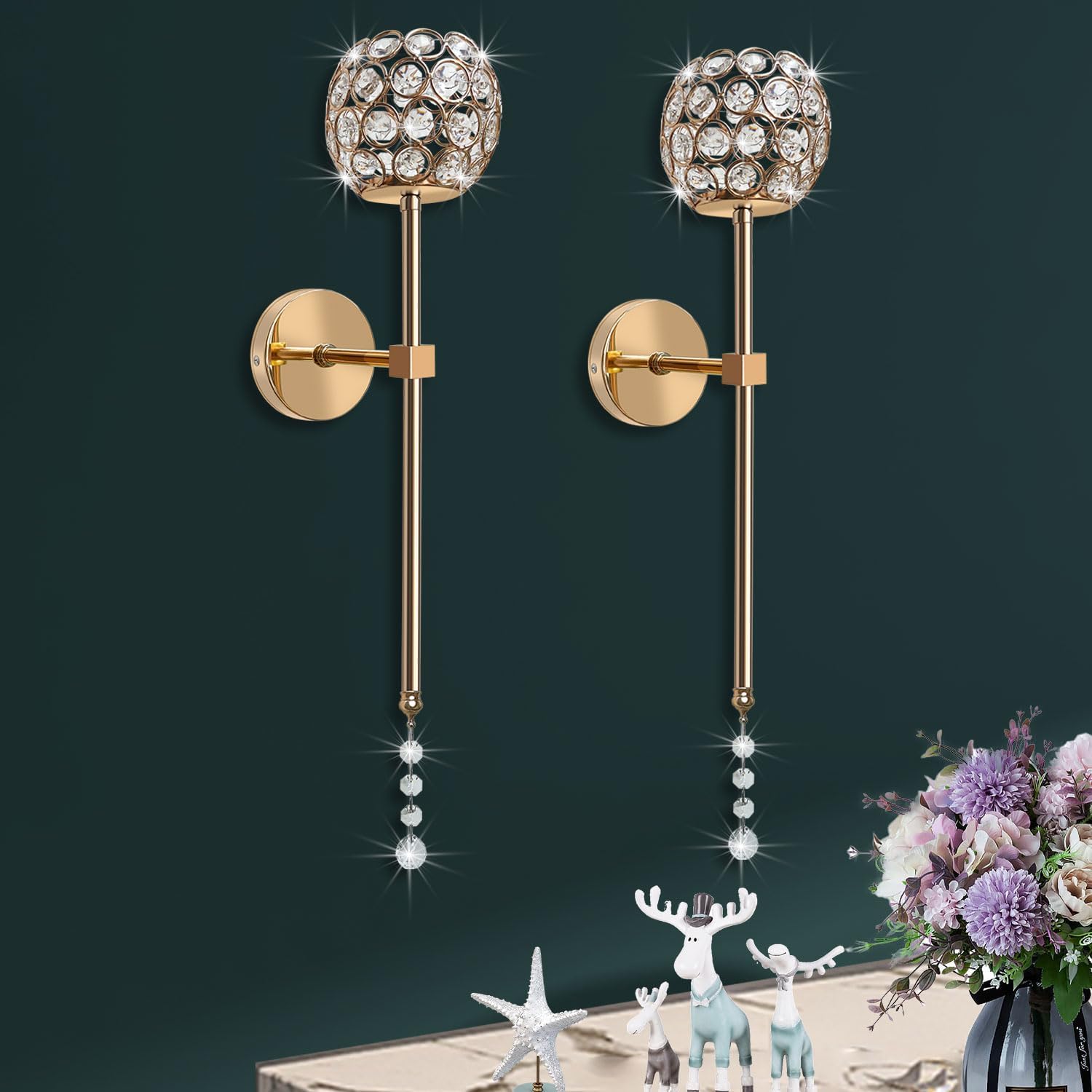 Crystal Candle Sconces for Wall Decorative Long Candle Holder Sconce Wall Art Home Decor for Bedroom Living Dining Room, Set of 2-Silver