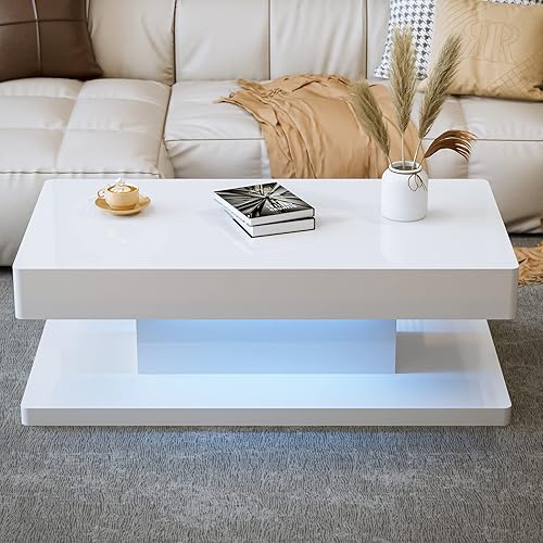 Miniatura 8 de Mesa de centro LED moderna, mesa de centro blanca de alto brillo con luces LED de 16 colores, mesa de centro rectangular contemporánea para sala de
