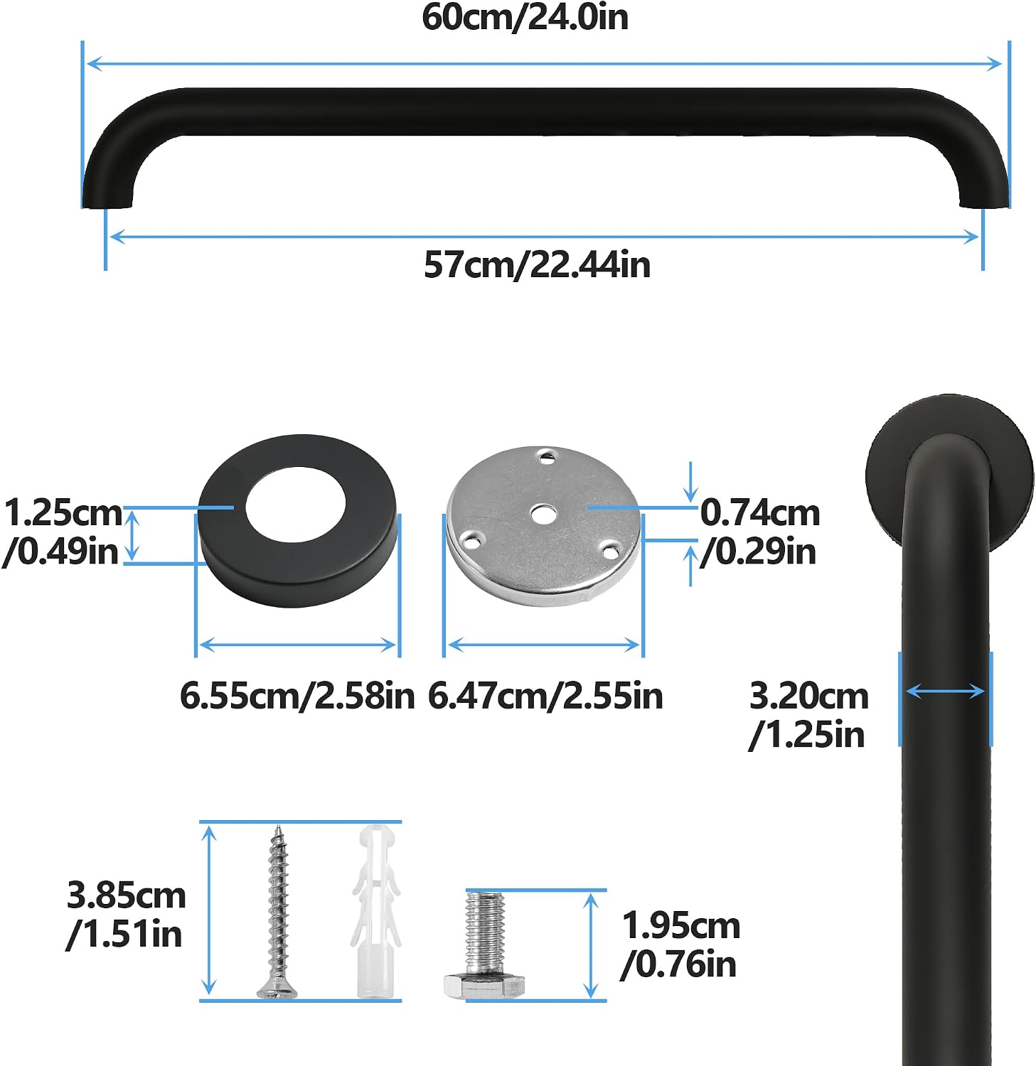 Shower Grab Bar, 2 Pack 24 Inch Black Bathroom Grab Bar, 1.25" Diameter Stainless Steel Grab Bars for Bathtubs and Showers, Handicap Shower Grab Bar for Seniors Elderly image 2