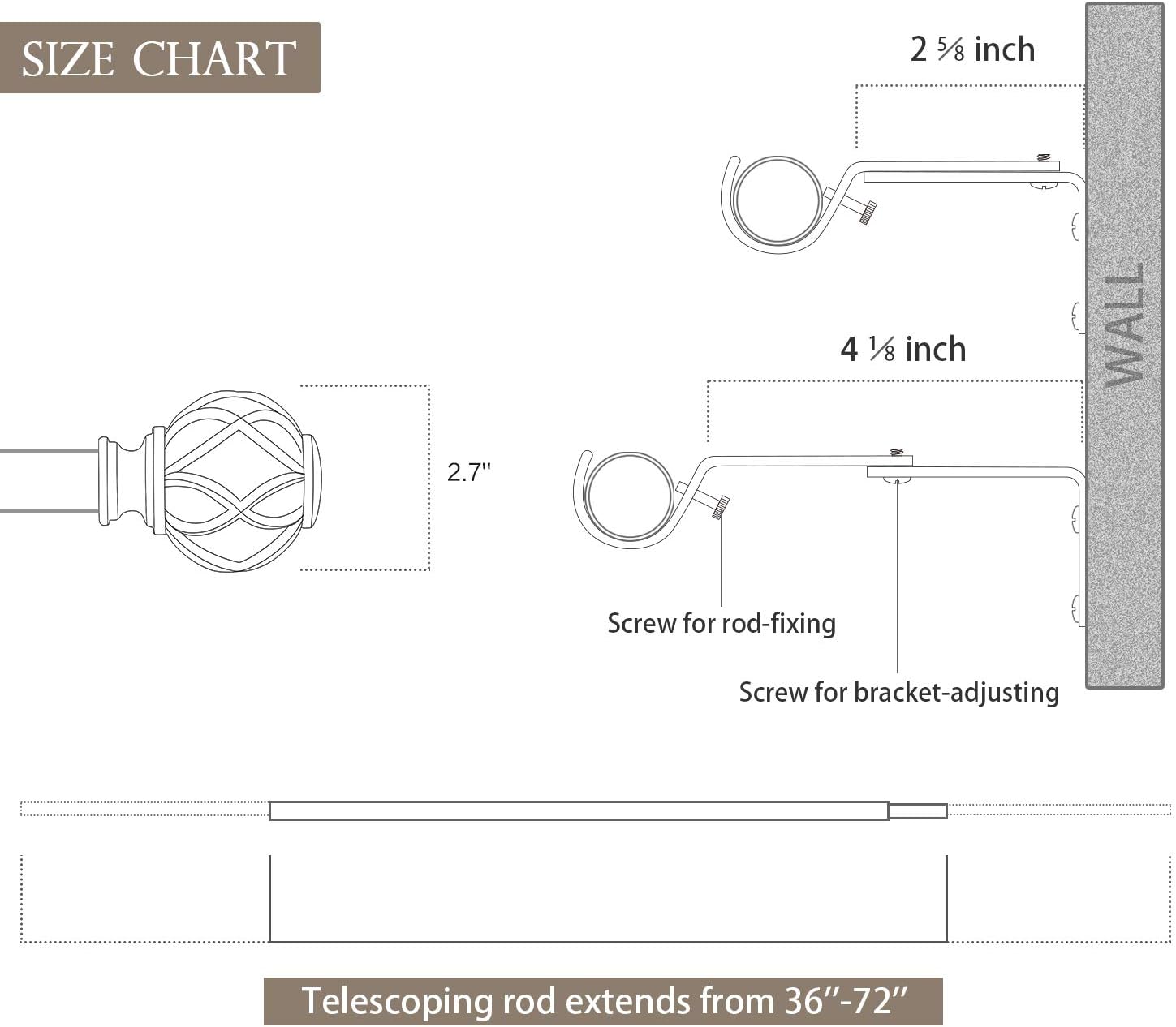 KAMANINA 1 Inch Curtain Rod Telescoping Single Drapery Rod 36 to 72 Inches (3-6 Feet), Netted Texture Finials, Antique Silver: Home & Kitchen