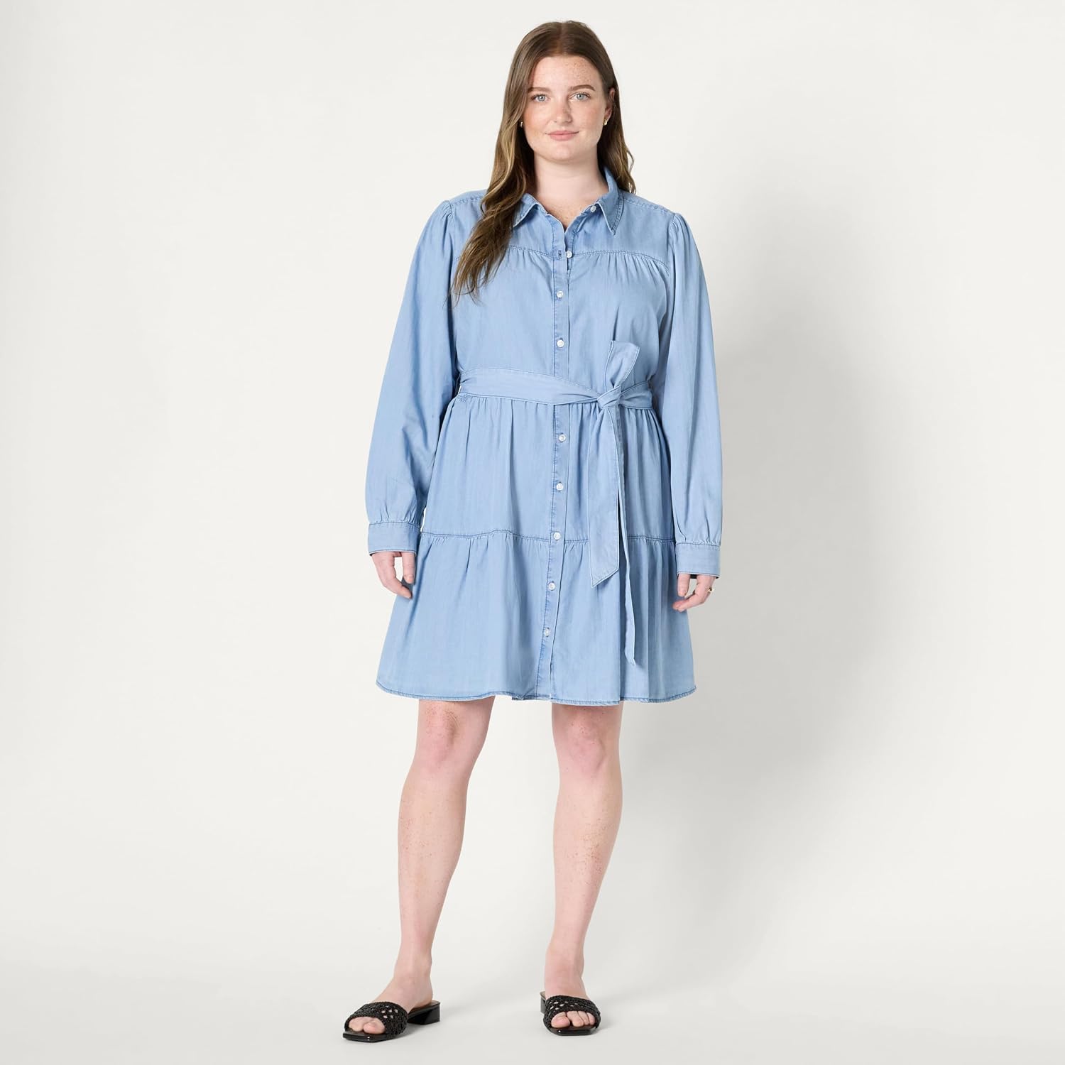 Amazon Essentials Women's Fit and Flare Denim Chambray Long-Sleeve Tiered Shirtdress