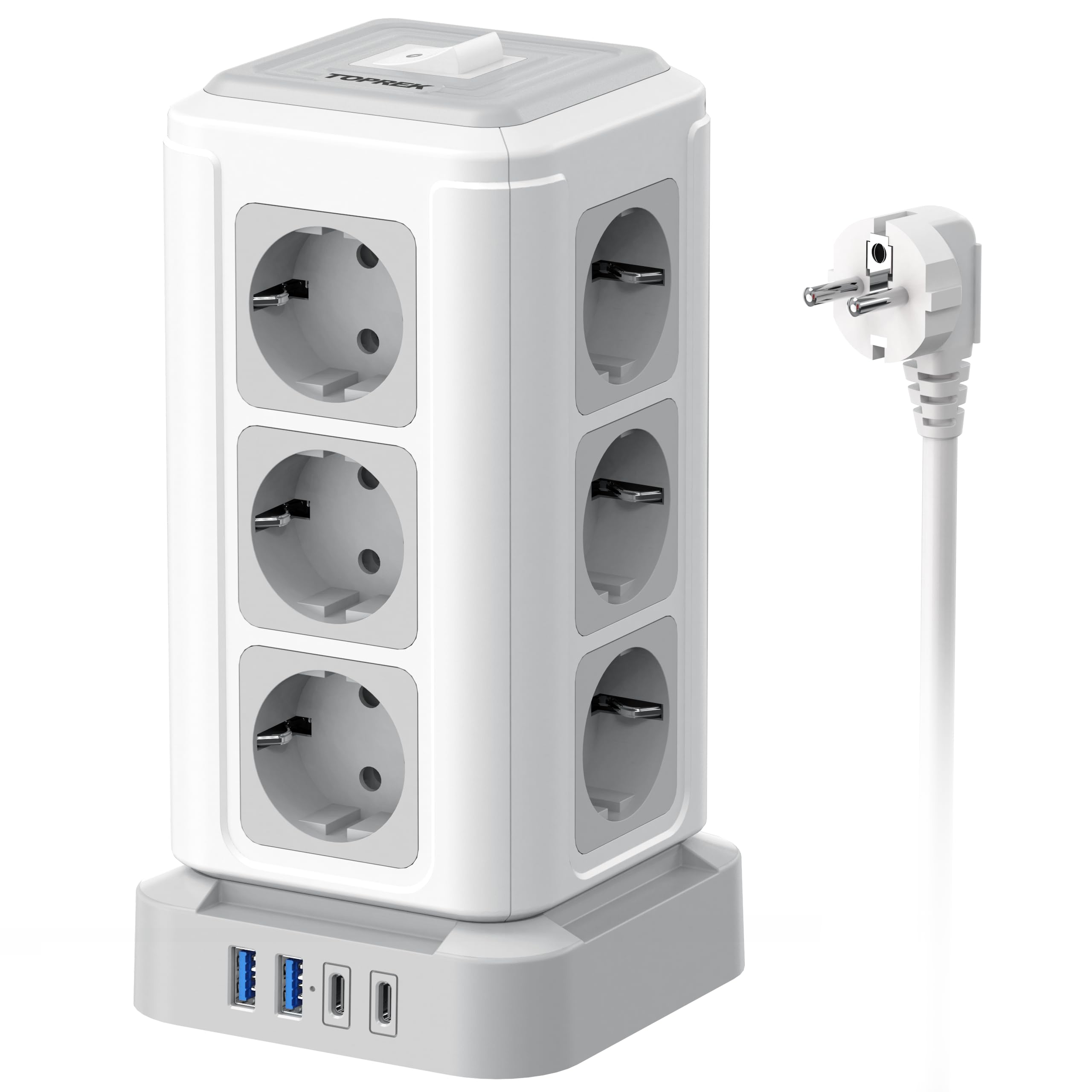 TOPREK Ciabatta multipla, 12 prese con 4 USB, ricarica rapida USB C da 20 W, 4000 W/16 A, con interruttore, per ufficio, cucina, tavolo, cavo da 2 m