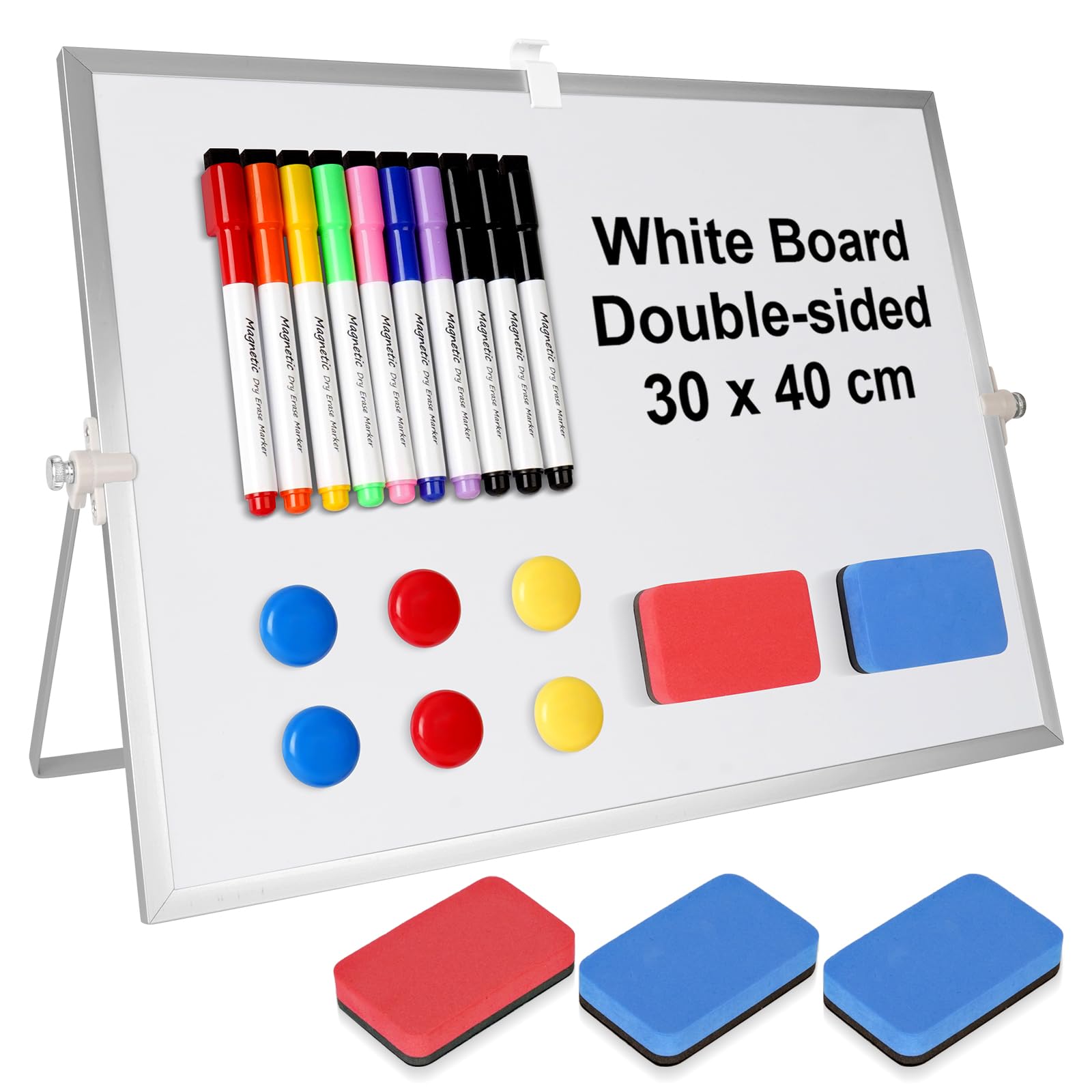 Pizarra Blanca Magnética, 30 x 40 cm Pizarra Rotulador Borrable con Soporte, con 10 Whiteboard Bolígrafo + 6 Imanes + 5 Borrador de Pizarra Blanca, para Escuelas, Familias, Oficinas