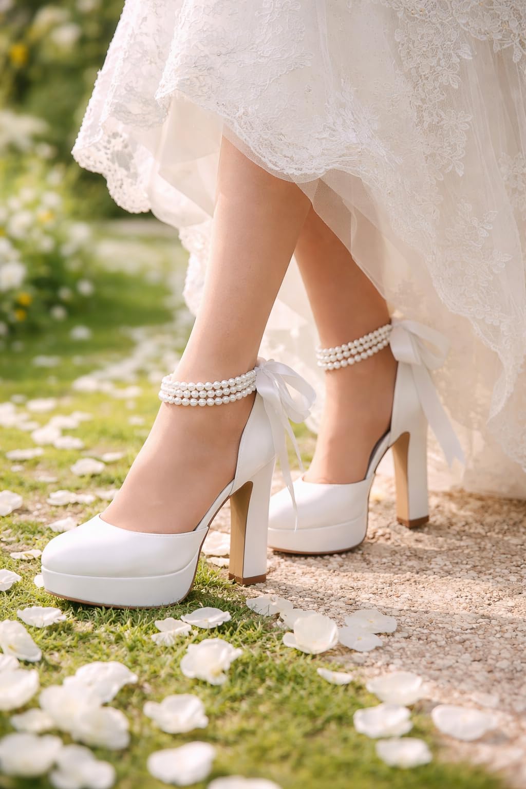 Zapatos de tacón Alto de Plataforma para Novia, Zapatos de salón de satén con Correa al Tobillo y Perlas, Ideales para Bodas, Fiestas y graduaciones