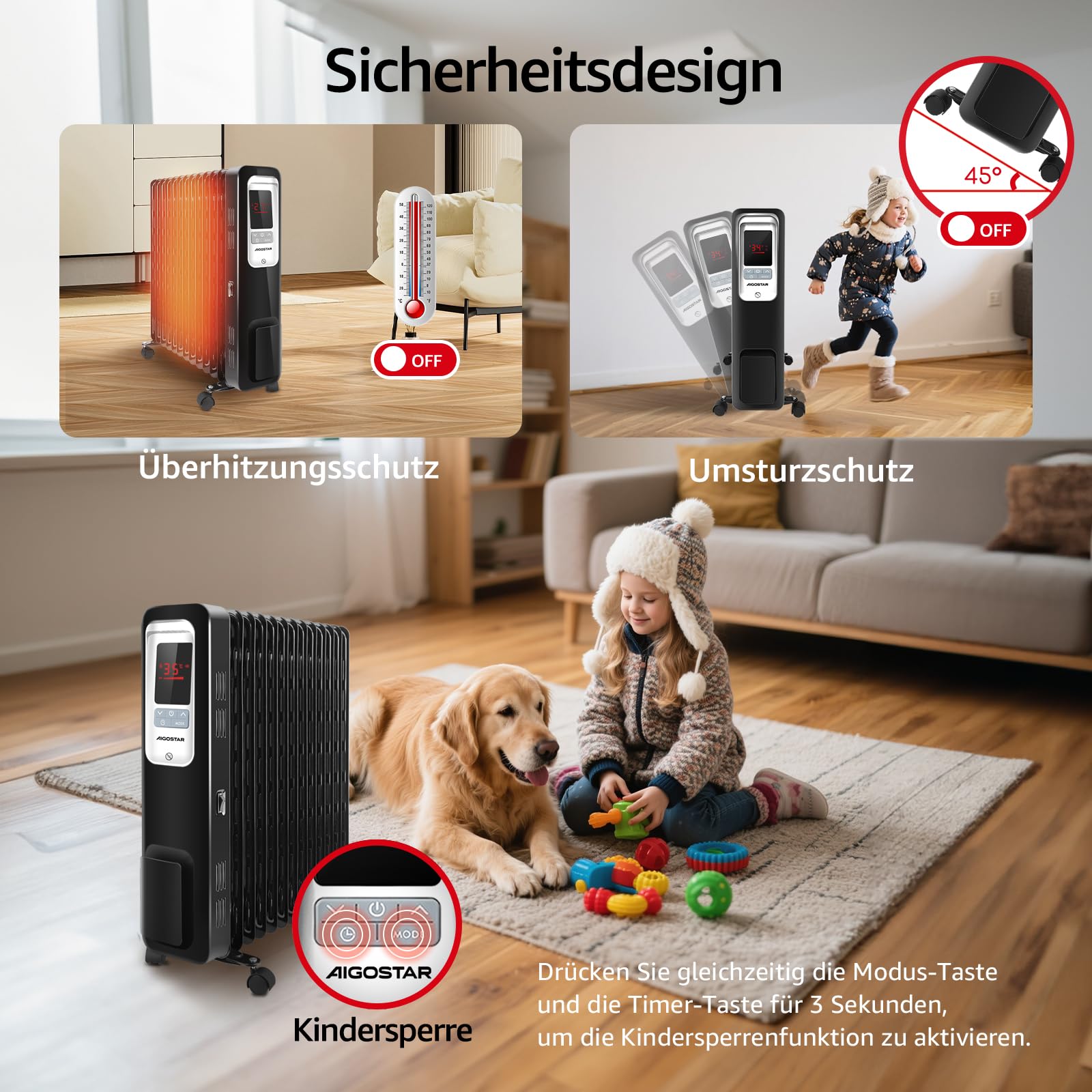 Aigostar Oil Monster 33JHH - 2500W Ölradiator Energiesparender, LCD Elektro Heizkörper mit 13 Rippen,4 Heizstufen,Thermostat, Fernbedienung,Überhitzungsschutz, Elektroradiator Elektro Heizung