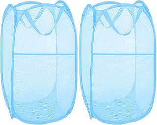 Larpur Pack of 2 Pop up Laundry Hampers, Collapsible Laundry Baskets, Portable Mesh Clothes Hampers for Kids Room, College Dorm, Bathroom, Foldable Hamper with Carry Handles, Sky Blue