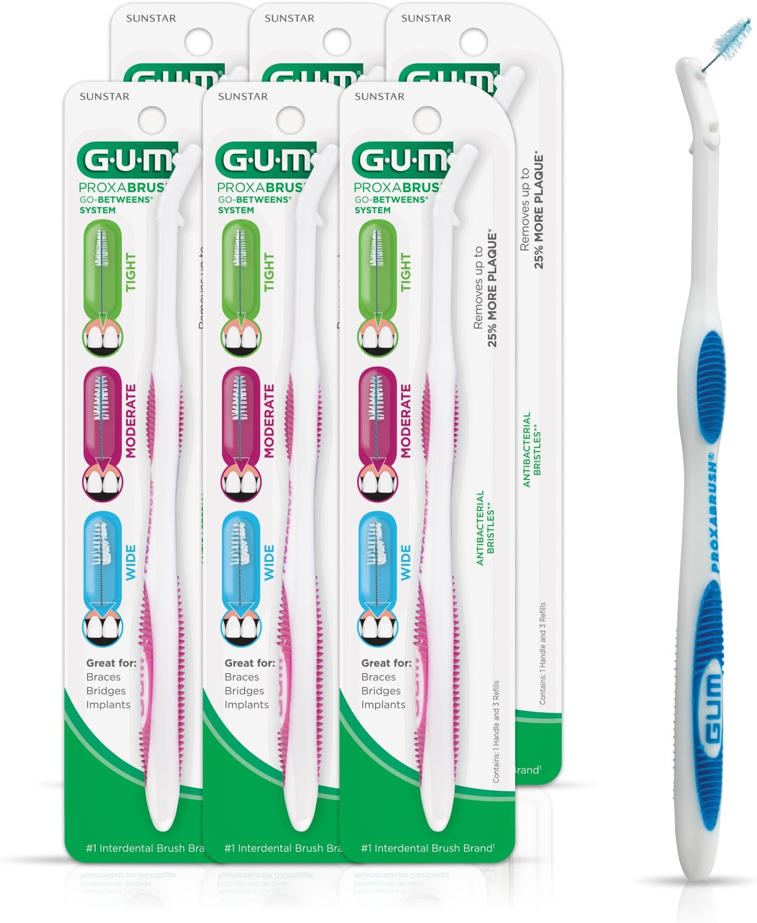 GUM - 10070942006252 Proxabrush Permanent Handle with Tight, Moderate, & Wide Go-Betweens Heads, (Pack of 6)