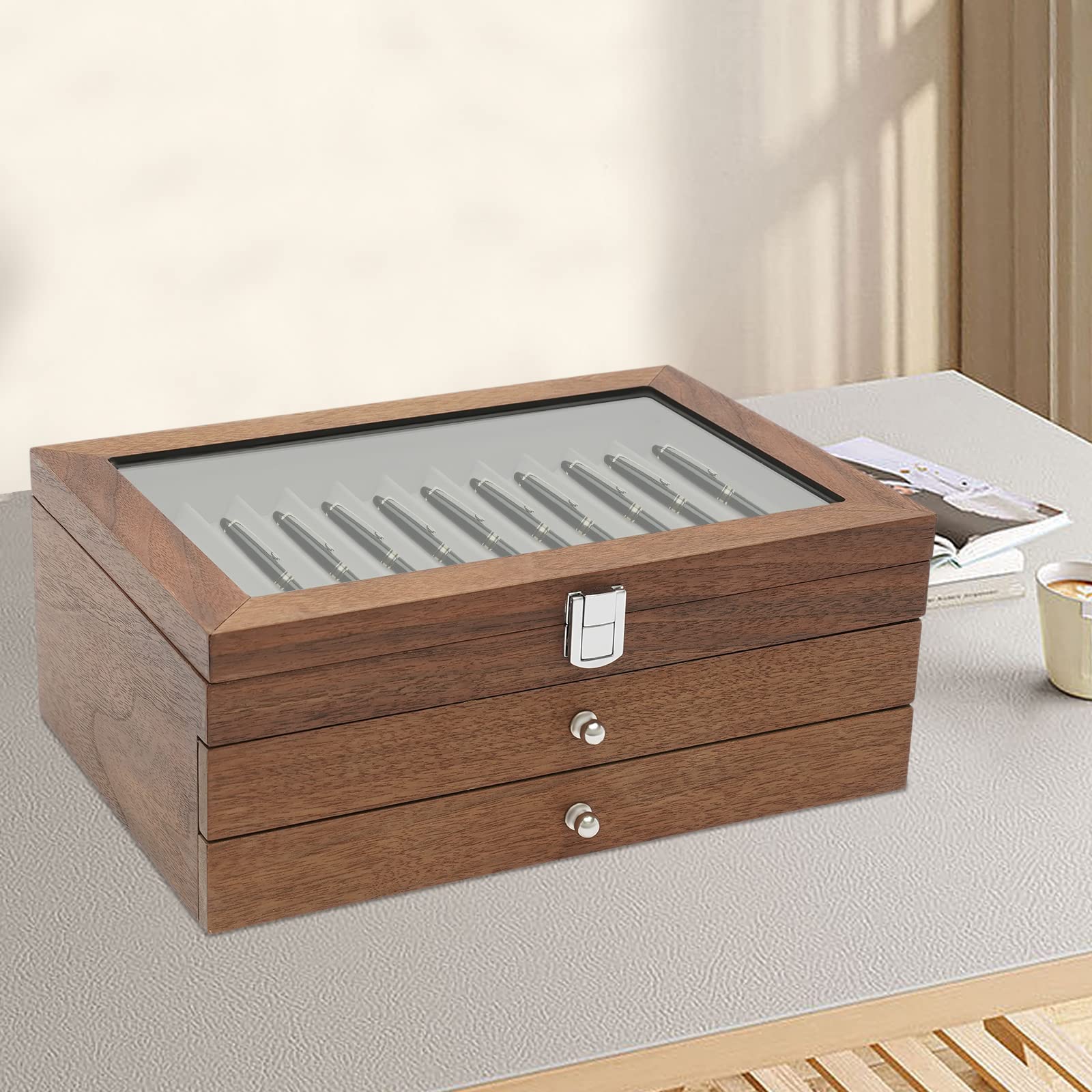 Portapenne a 3 livelli, in legno, per 34 penne, in stile retrò, con vetrina, per camera da letto, studio, soggiorno