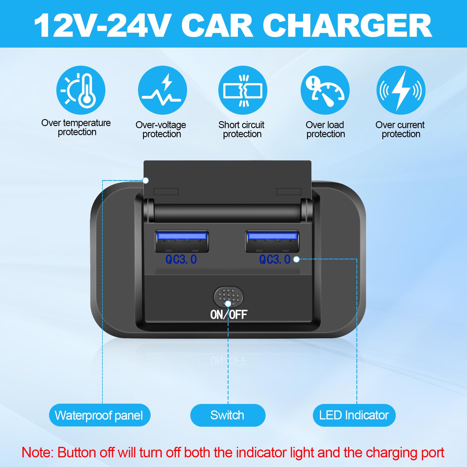 4,8 A Dual Presa USB per Caricabatteria da Auto,con Interruttore e LED,12V/24V PD e QC3.0 USB
