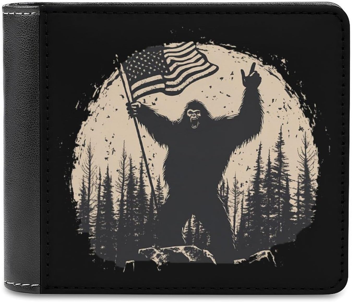 Bigfoot Holding U.S Flag Slim Mens Leather Wallet Money Clip Single-sided Print Bifold Purse With 6 Credit Card Holders