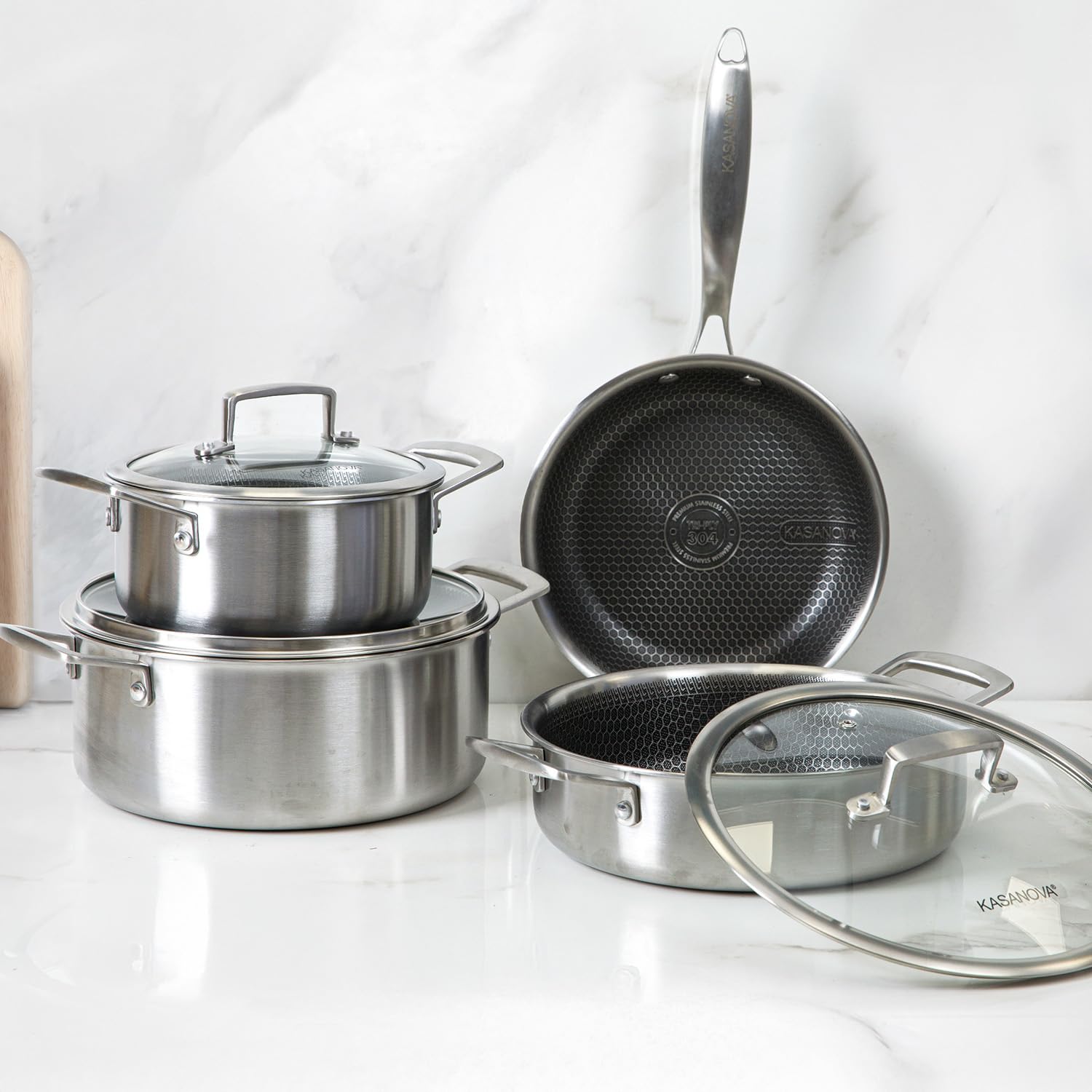 KASANOVA Batteria pentole Tri-ply, Set pentole e padelle in acciaio inox triplo strato, Pentole antiaderenti induzione e tutti i piani cottura, forno fino a 220 °C (7 pezzi)