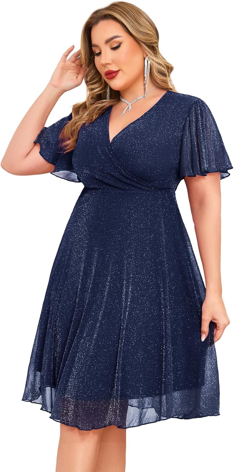 CYCLAMEN Plus Size Sparkly Mesh Dress A Line Short Ruffle Sleeve V Neck Wrap Glitter Dresses Wedding Guest Cocktail Club - Image 2