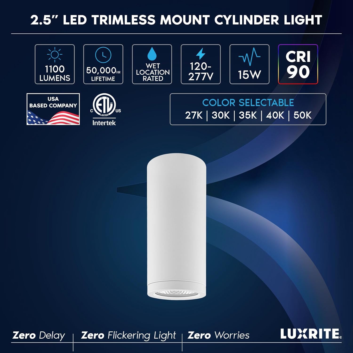 LUXRITE 2.5-Inch LED Cylinder Spotlight, 5CCT Selectable 2700K–5000K, 1100LM, 15W, CRI90, Dual Dimmable TRIAC/0–10V, 38° Beam, 120V–277V, IC Rated, ETL Listed – White