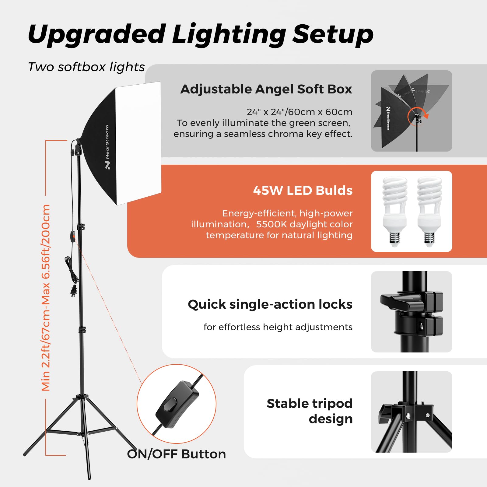 NearStream VK40 - Kit di illuminazione professionale per fotografia con sfondo verde da 3 x 3 m, con supporto, kit softbox da 61 cm, luce da pannello da 48,3 cm con telecomando, attrezzatura da studio