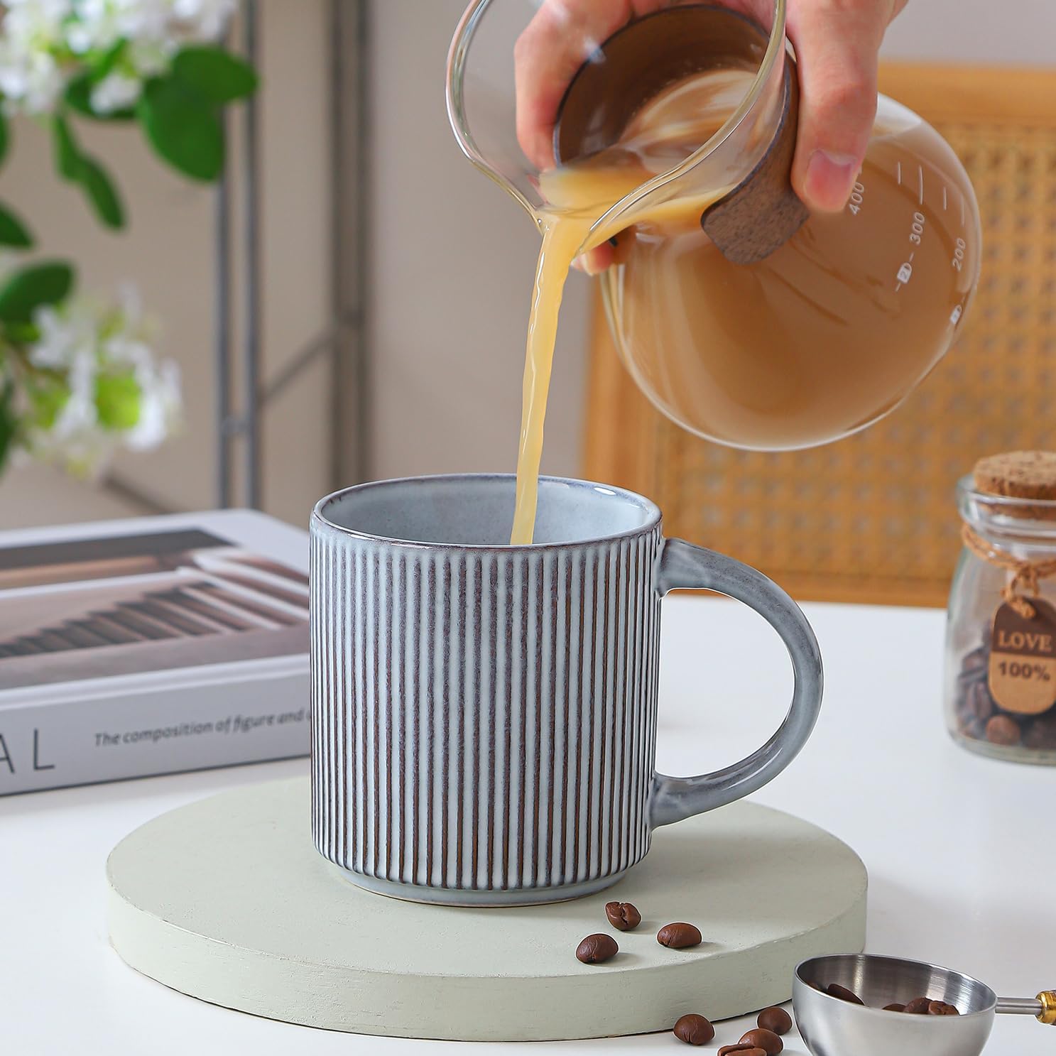 Coffee Mugs Set of 4, 12 OZ Ceramic Coffee Cup Set with Handle (Smoky Blue)