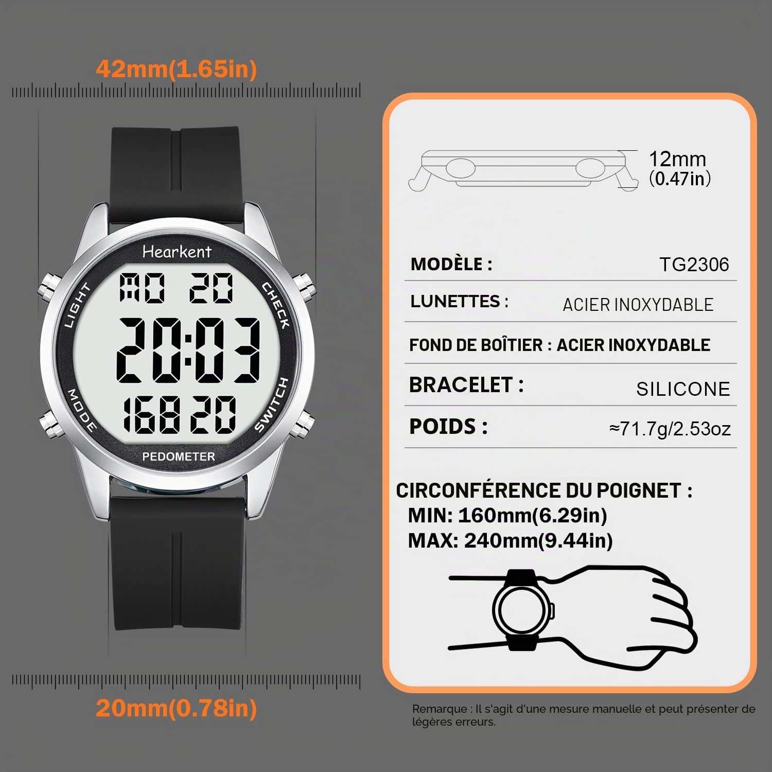 Montre podomètre pour personnes âgées - Aucune application nécessaire - Compteur de pas, de calories et de grands chiffres LCD