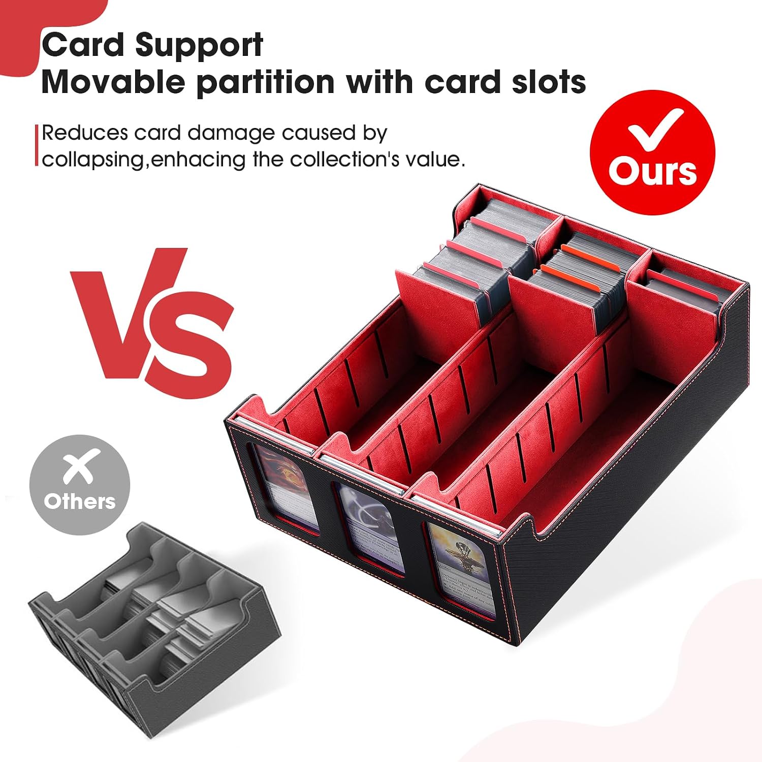 Trading Card Storage Box for Commander - 2400+ Card Deck Box with Removable Cover, 24 Colorful Divider Tabs, Card Storage Box with Viewing Windows Fits for Magic Game (Black&Red)