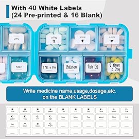 14 GRIDS Travel Pill Organizer Box with Labels - Travel Medicine Case Kit - Pocket Daily Pharmacy Container - Travel Medication Holder Dispenser for Fish Oil Vitamin Supplement Storage - Blue