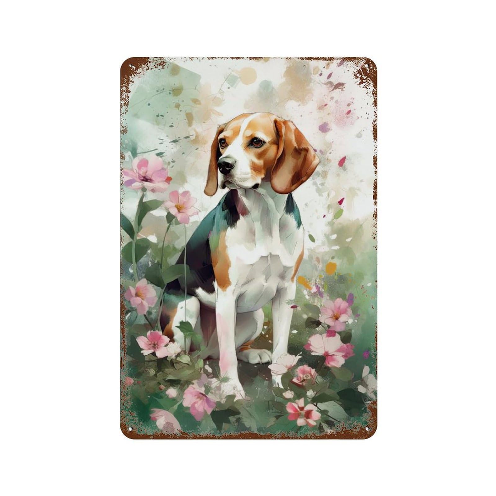 Decorative Tin Sign Beagle Dog Flowers 11.8"x7.9", Vintage Wall Decor for Pub, Kitchen And Man Cave Decor
