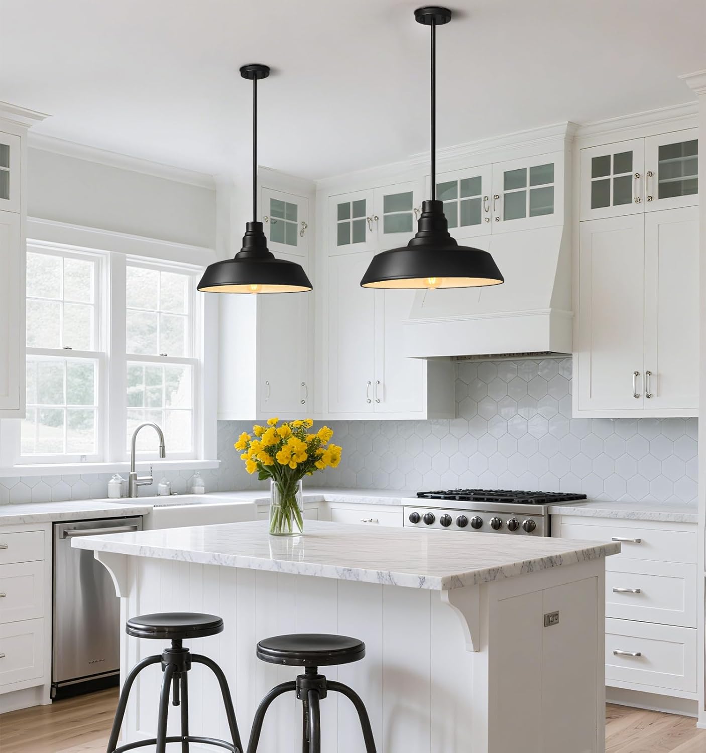 Large 18" Black Farmhouse Pendant Barn Light, Industrial Style Dome Chandelier for Kitchen Island, Dining Room, Living Room, Hallway, Large Vintage Ceiling Light for Indoor Spaces