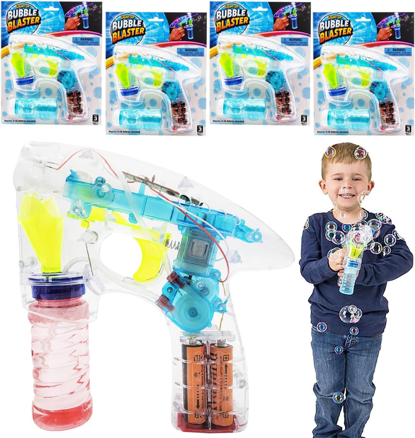 Transparent Bubble Blaster Set 7" Inch Gun with LED Light-Up and Sound, Includes Bottles of Bubble Solution Refill, Party Favors, Batteries Included (4-Pack)