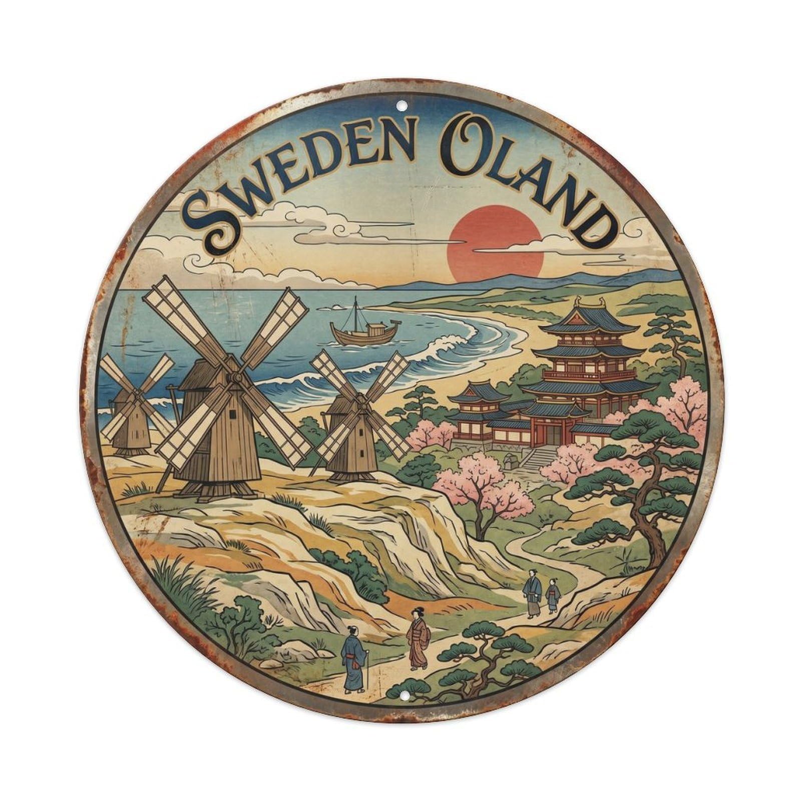 Oland Windmills Swedish Japanese Style Heritage Travel Metal Tin Sign Plaque Wall Decor for Cafe, Man Cave, Club Bar, Office, Home Garden Round Metal Poster 8x8Inch