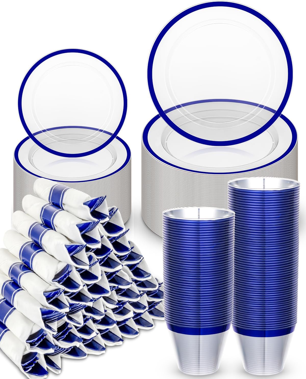 350PCS Plastic Clear Blue Plates for Party, Disposable Dinnerware Set for 50 Guests,100 Plastic Plates, 50 Cups, 50 Pre-Rolled Napkins with Cutlery for Party, Christmas, Wedding - Image 2