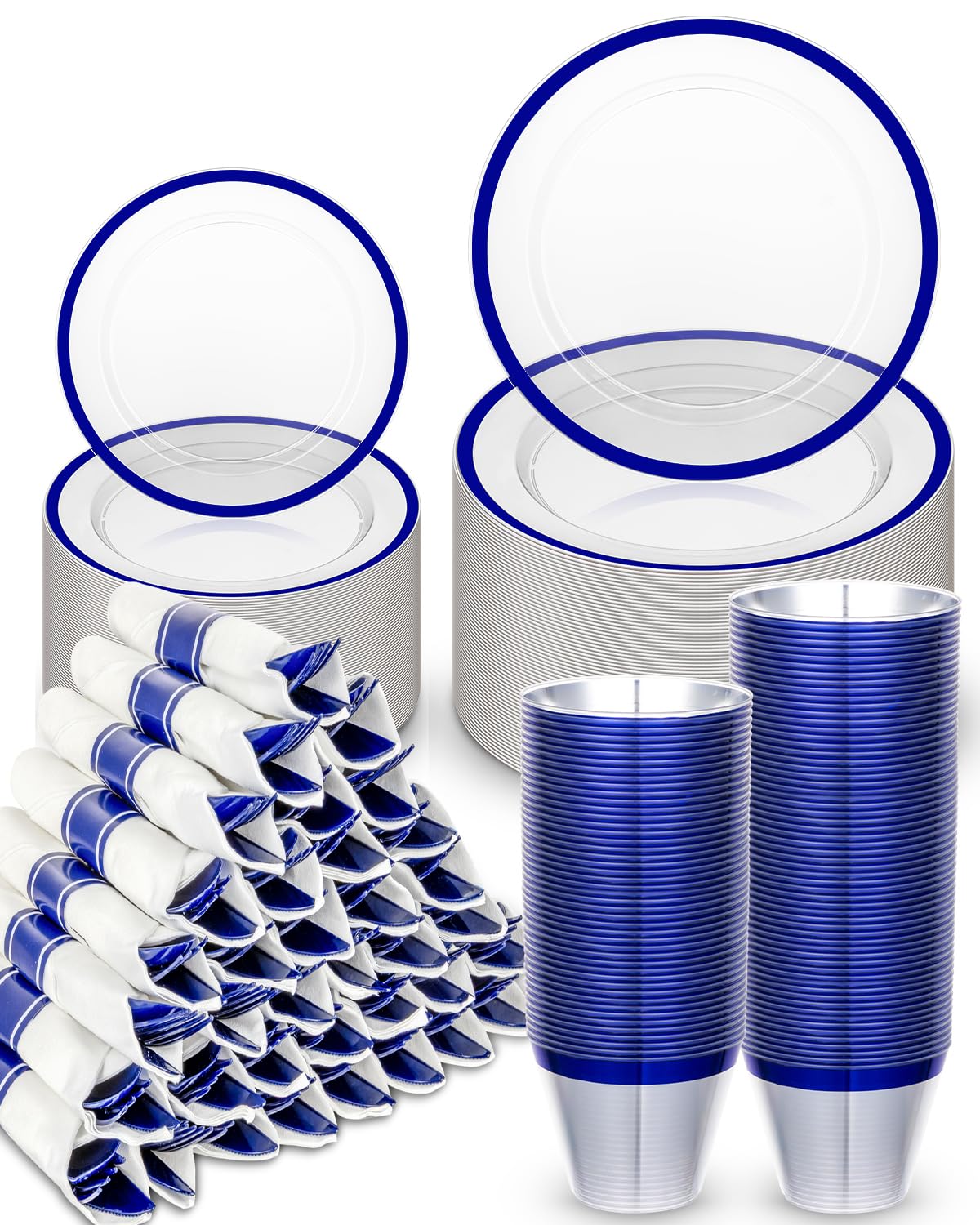 BESTVIP 350 Pcs Clear Blue Plastic Dinnerware Set for 50 Guests