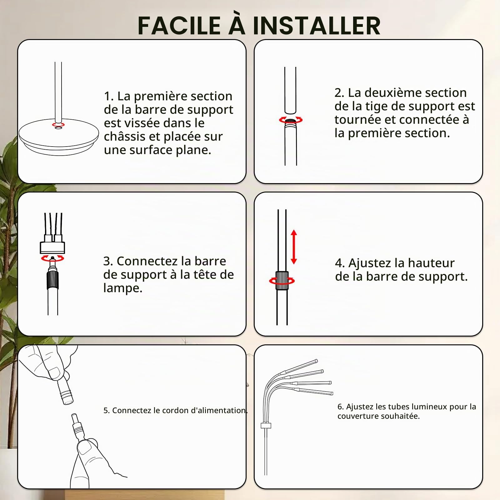 Lampe à 4 têtes avec support - 180 LED, 660 & 850 & 940 - Lumière infrarouge proche avec minuterie 10/20/30 minutes et 5 niveaux de luminosité réglables pour une utilisation à la maison et
