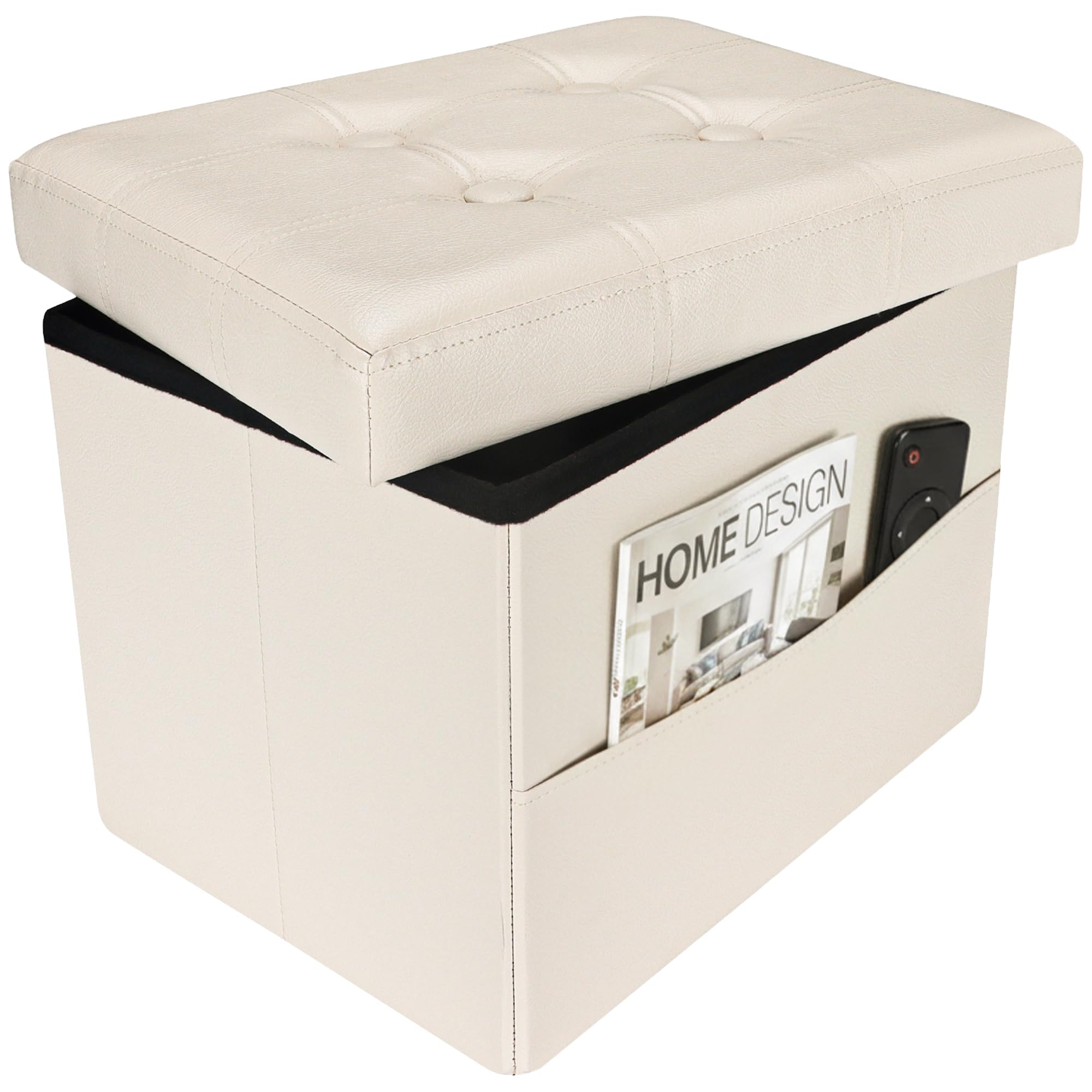 VewePata Ottoman with Storage Foot Stool, 17 Inches Folding Storage Ottoman, Leather Upholstered Ottomans Foot Rest with Side Pockets, Suitable for