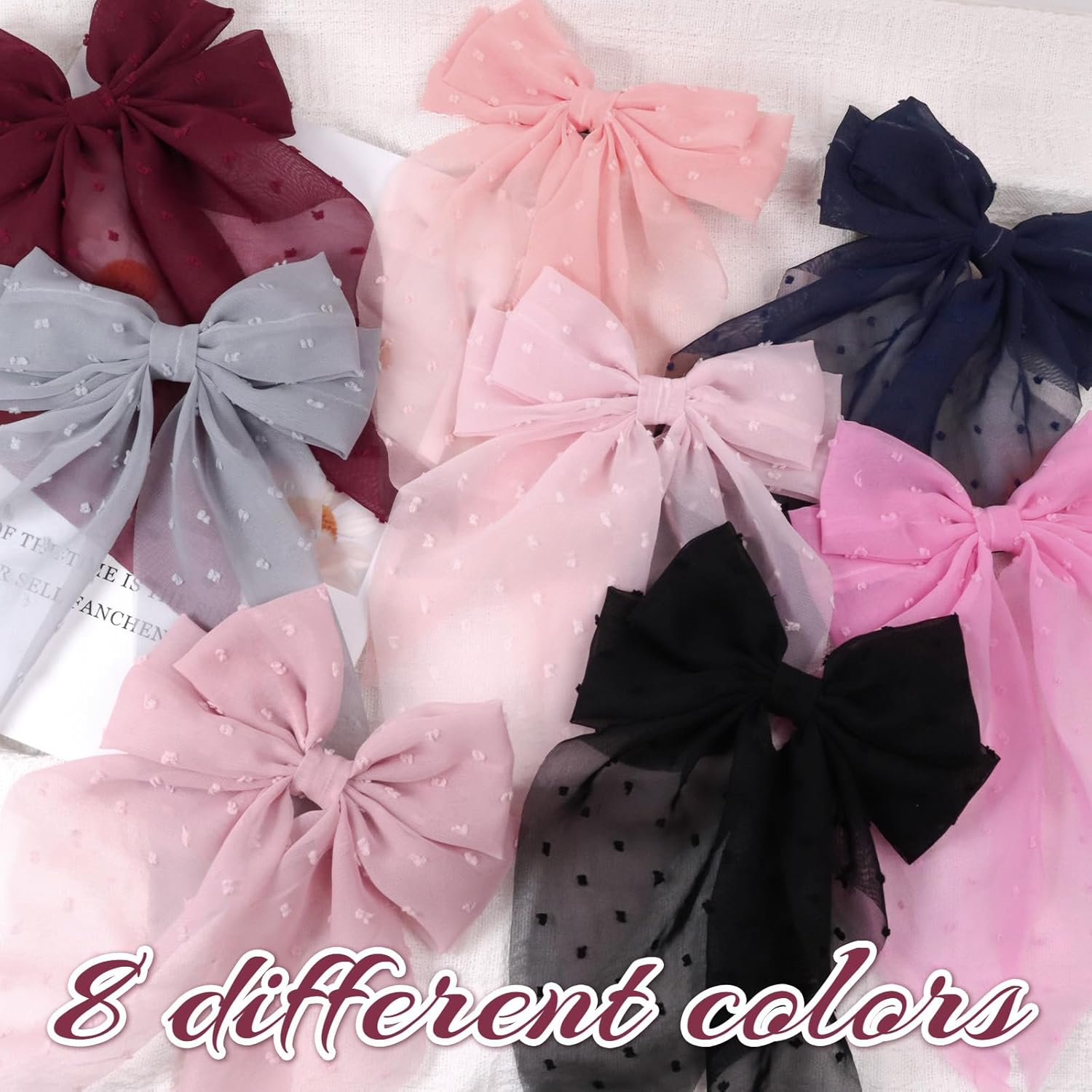 8Pcs Hair Bows for Women,Large French Bow Hair Clips Elegant Chiffon Bow Hair Accessories Delicate Hair Barrettes Set Birthday Gifts for Women (Red) - Image 4