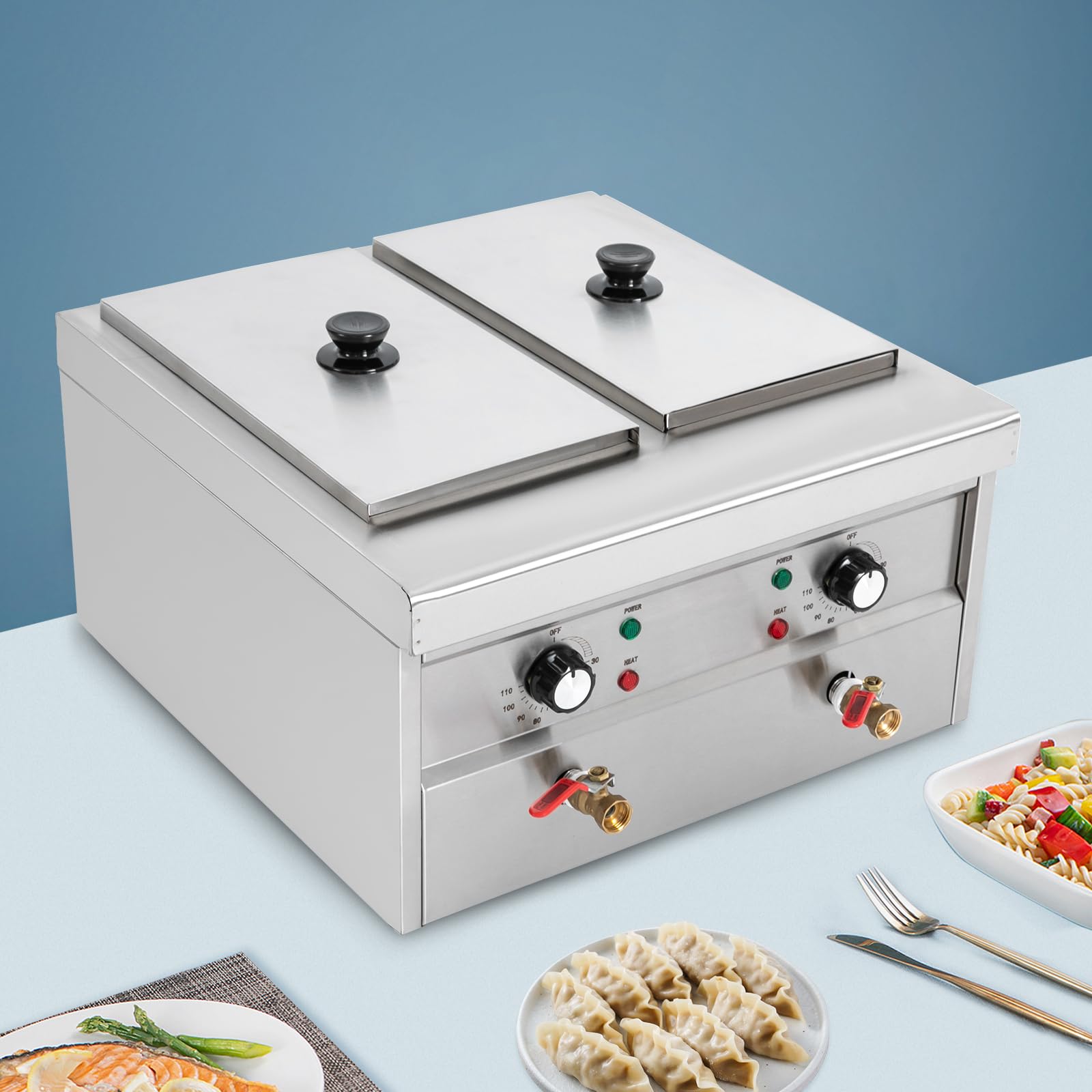 Cuiseur à pâtes électrique professionnel en acier inoxydable 4000 W, 2 x 9 l, avec 4 paniers à tamis et robinet de vidange, cuiseur commercial pour pâtes, riz, boulettes, restaurant, cuisine 220 V