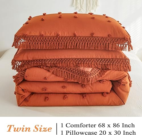 Miniatura 5 de Juego de edredón bohemio tamaño individual de 2 piezas, color naranja quemado, edredón copetudo con pompones, juego de ropa de cama tamaño