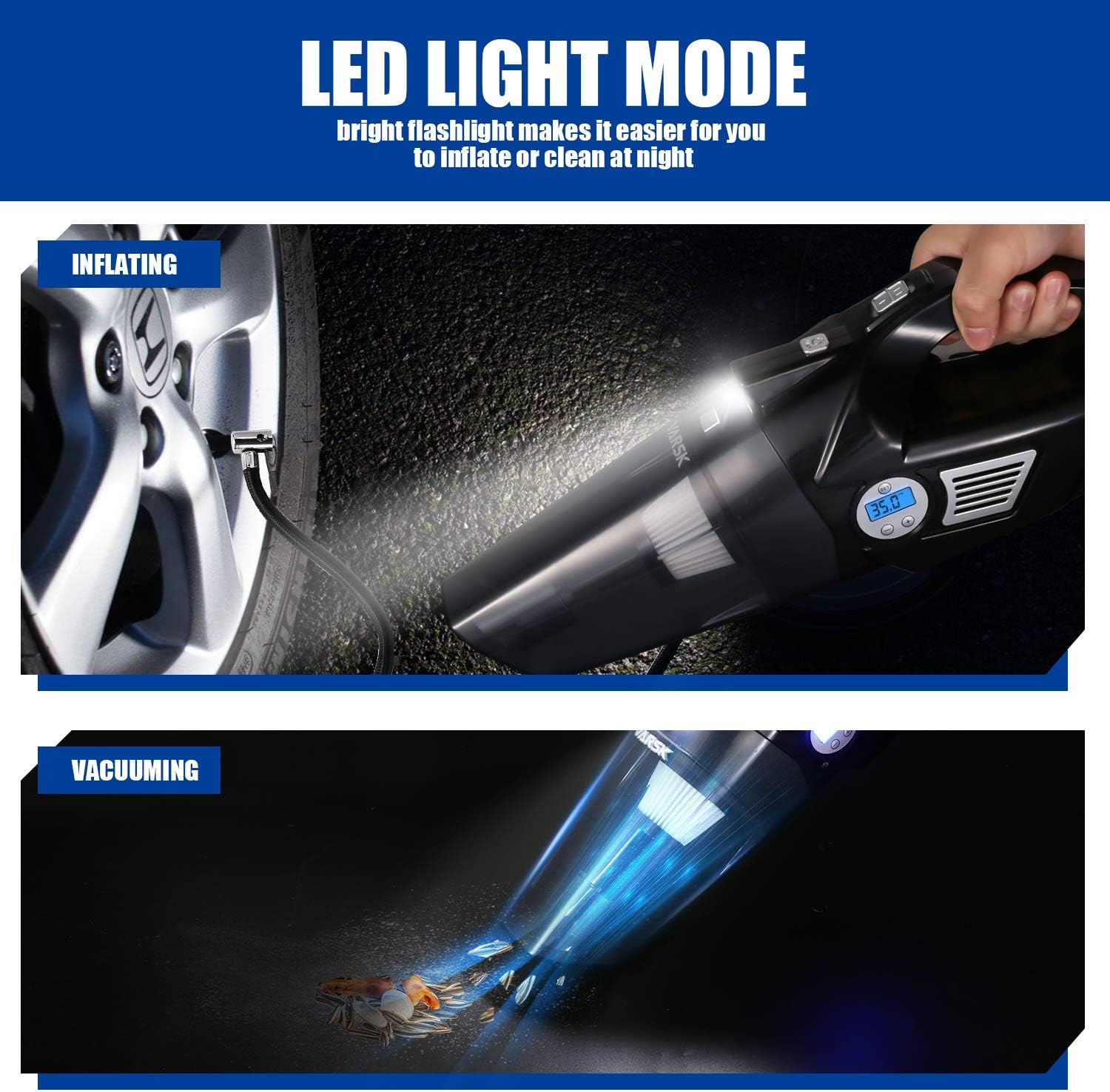 Bеѕt Cуbеr Dеаlѕ 🔥 VARSK 4-in-1 Car Vacuum Cleaner, Tire Inflator Portable Air Compressor with Digital Tire Pressure Gauge LCD Display and LED Light, 12V DC Air Compressor Pump, 15FT Cord, Bonus HEPA Filter and Nozzles