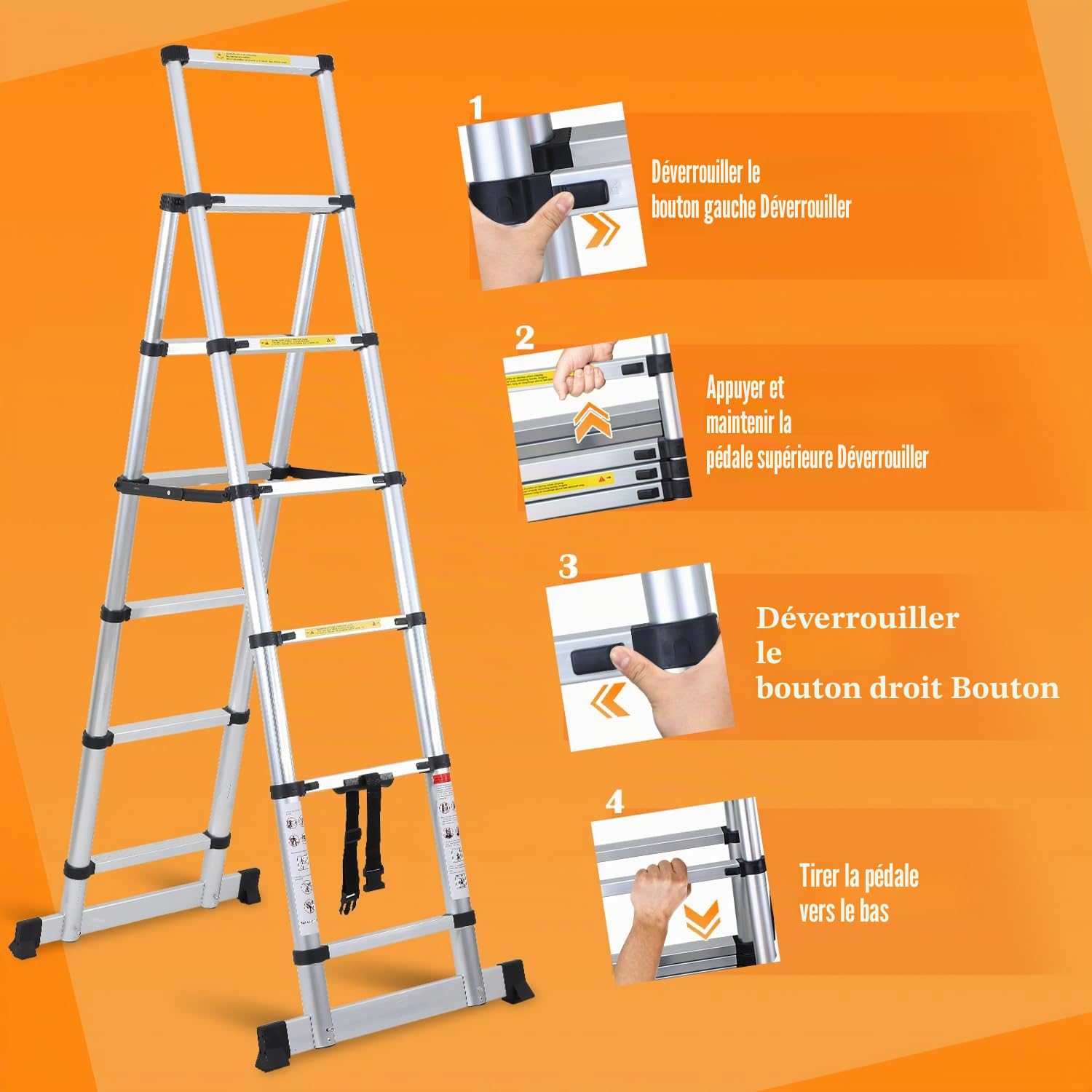 Eulenke Échelle Télescopique, escabeau telescopique 2+2,3m avec Barre stabilisatrice, echelle Pliante Cadre A 6+7 échelons en Aluminium, Charge maximale :150kg, echelle Multifonction Antidérapante